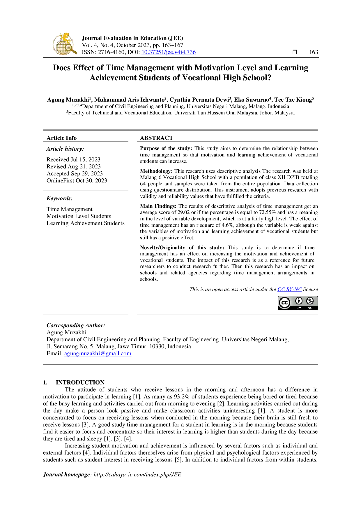 JURIS Does Effect of Time Management with Motivation Level and Learning Achievement Students of Vocational High School