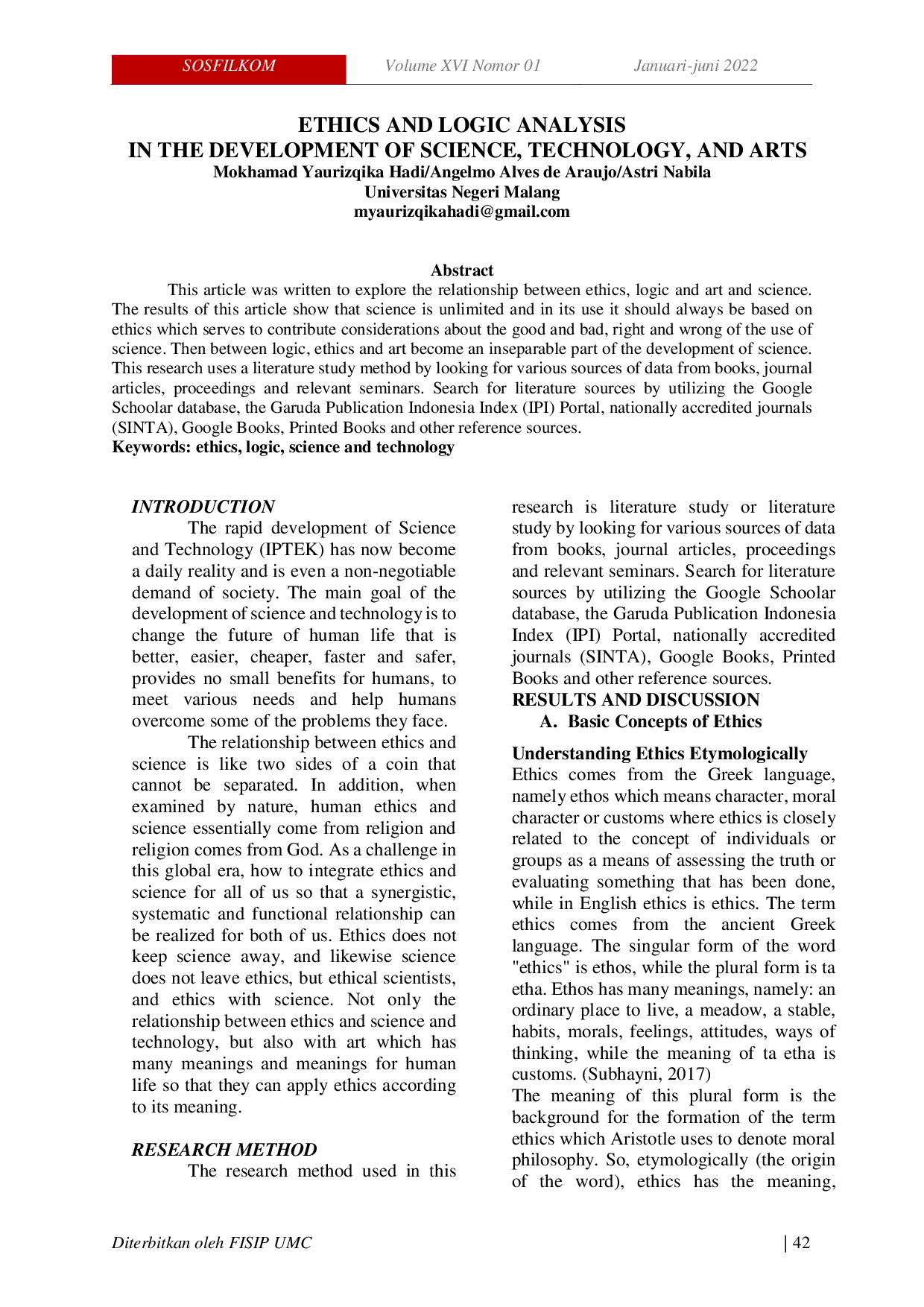 JURIS Ethics And Logic Analysis In The Development Of Science Technology And Arts