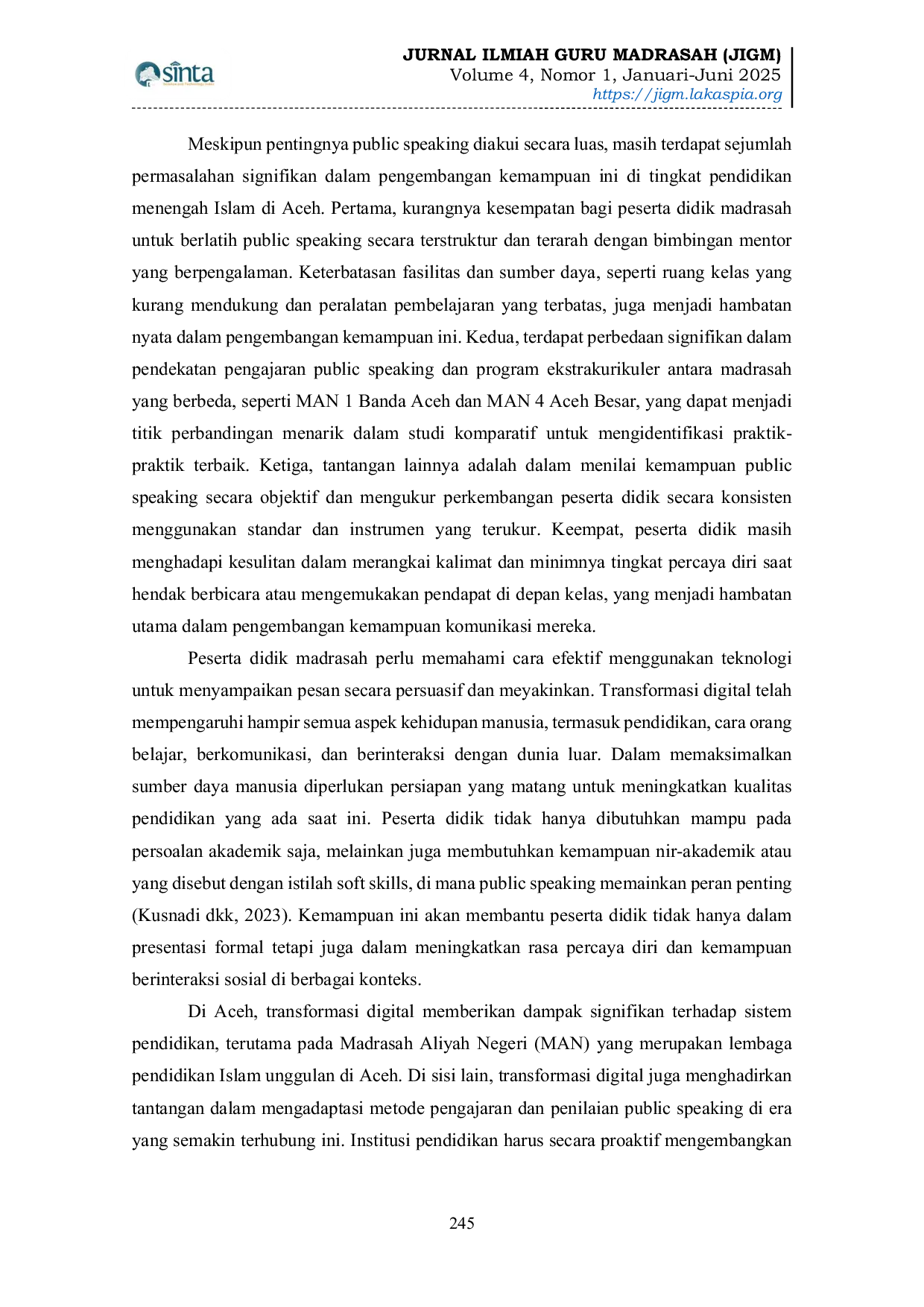 JURIS Pengembangan Kemampuan Public Speaking dan Kepercayaan Diri Peserta Didik Madrasah Aliyah di Aceh