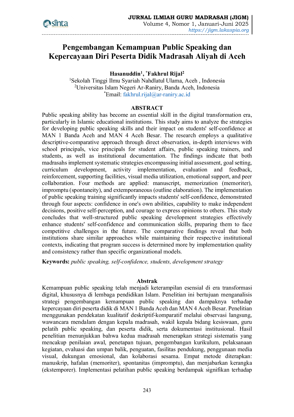 JURIS Pengembangan Kemampuan Public Speaking dan Kepercayaan Diri Peserta Didik Madrasah Aliyah di Aceh