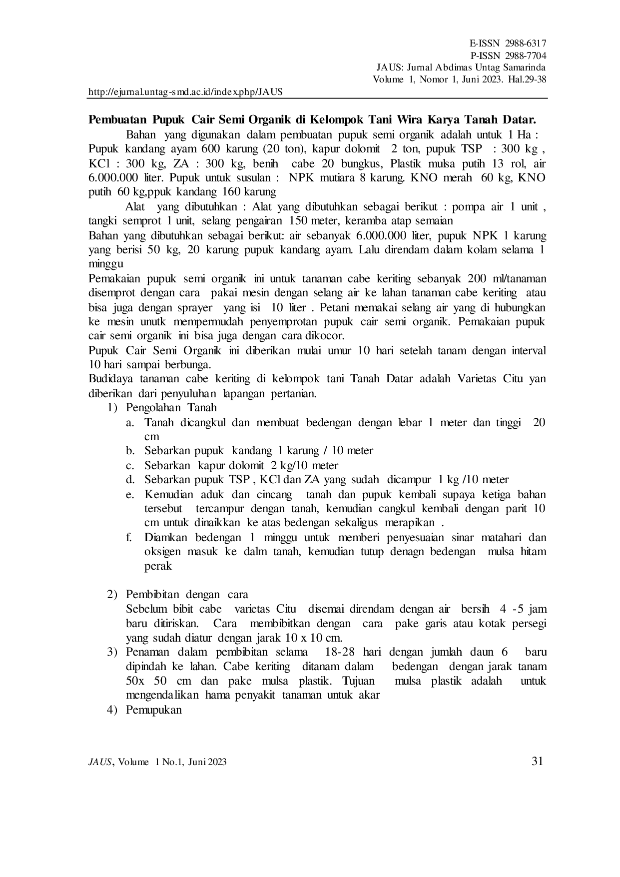 JURIS Pembuatan Pupuk Cair Semi Organik Di Kelompok Tani Wira Karya Tanah Datar Muara Badak Kabupaten Kutai Kartanegara