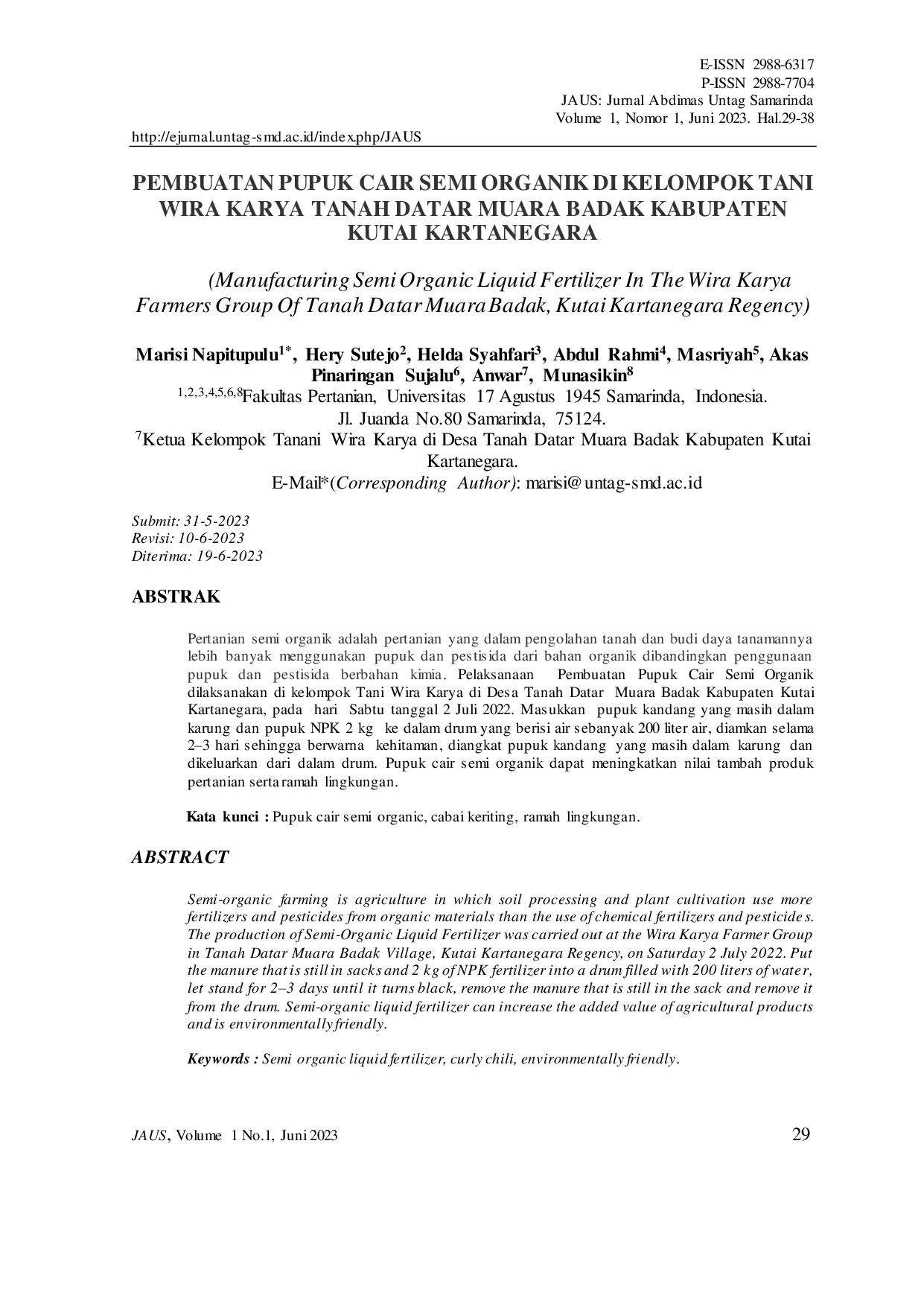 JURIS Pembuatan Pupuk Cair Semi Organik Di Kelompok Tani Wira Karya Tanah Datar Muara Badak Kabupaten Kutai Kartanegara