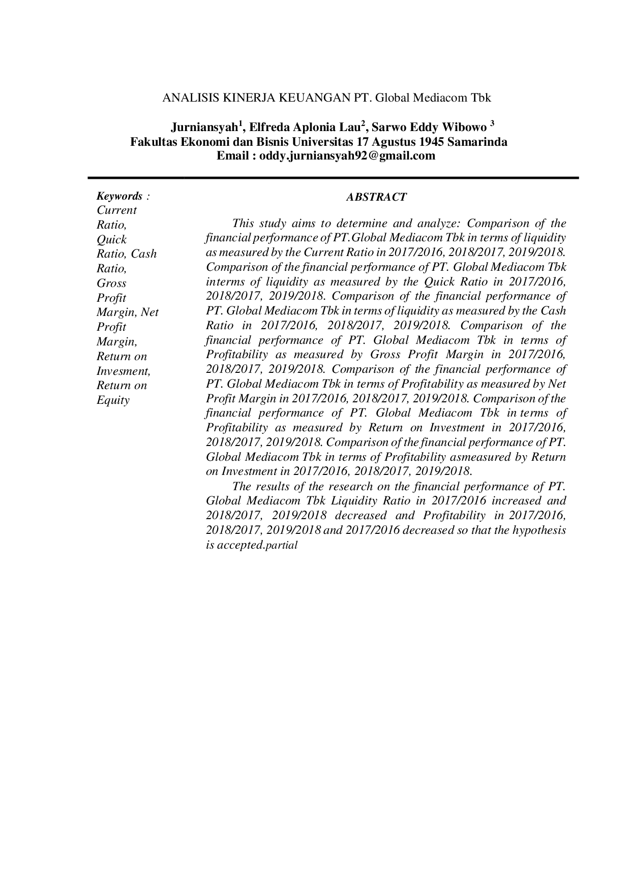 JURIS ANALISIS KINERJA KEUANGAN PT Global Mediacom Tbk