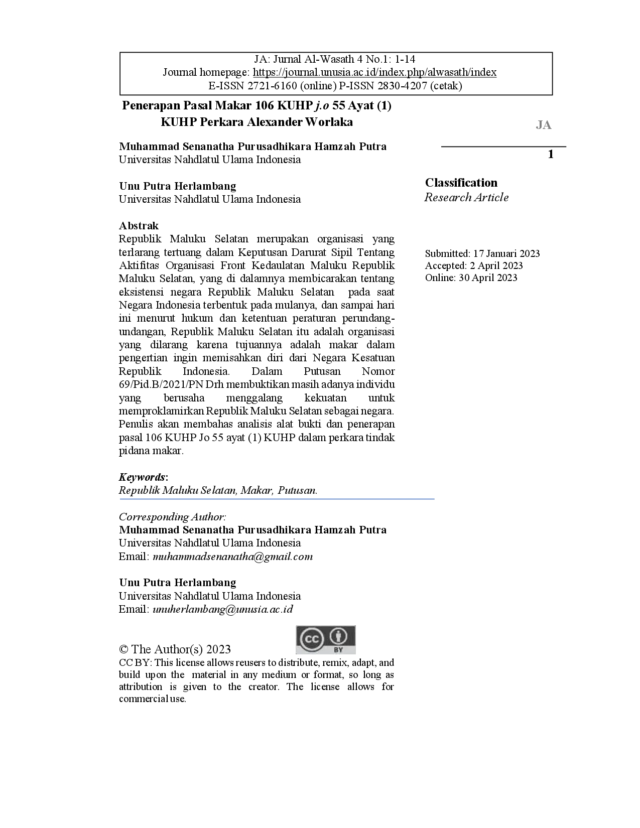 juris Penerapan Pasal Makar 106 KUHP JO 55 Ayat 1 KUHP Perkara Alexander Worlaka