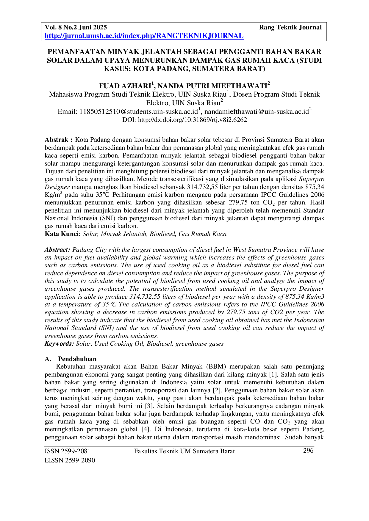 JURIS Pemanfaatan Minyak Jelantah Sebagai Pengganti Bahan Bakar Solar Dalam Upaya Menurunkan Dampak Gas Rumah Kaca Studi Kasus Kota Padang Sumatera Barat