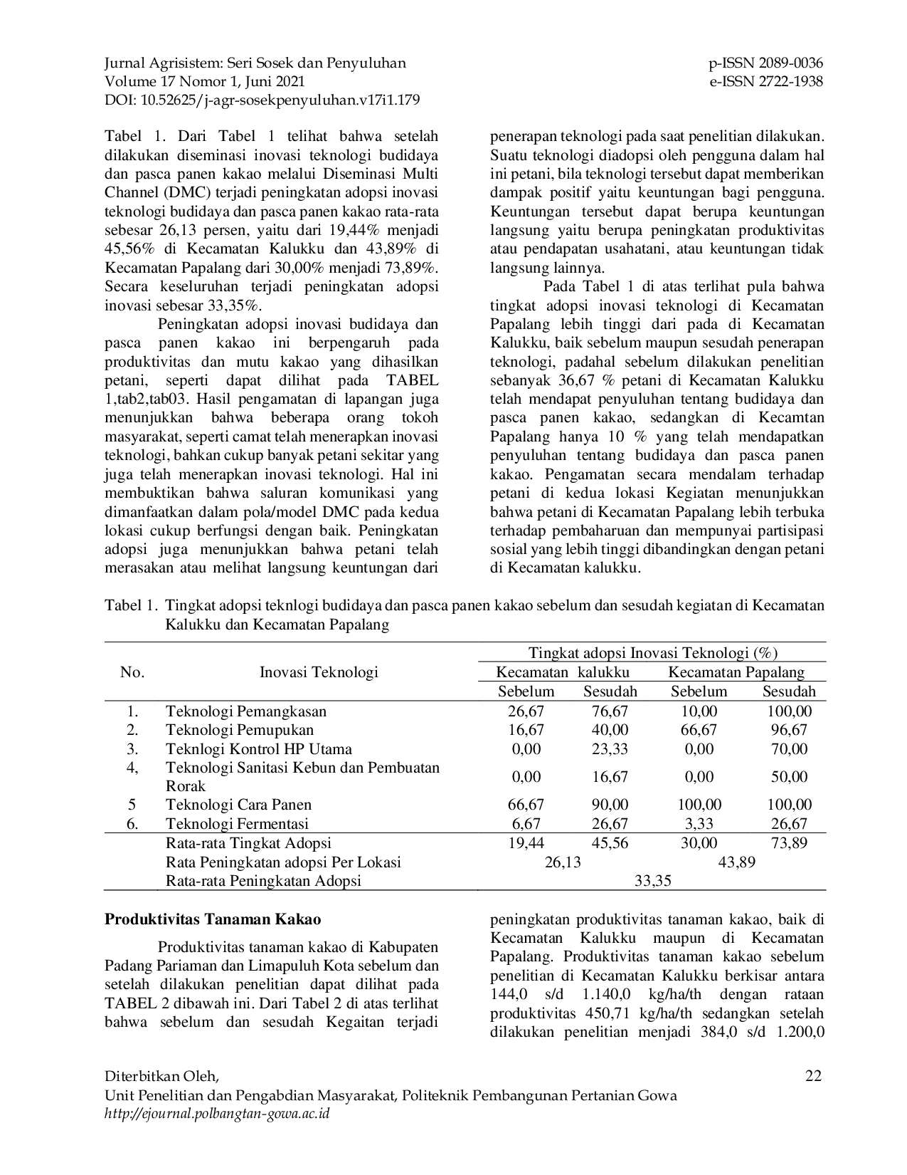 JURIS AKSELERASI PERMASYARAKATAN TEKNOLOGI PRODUKSI KAKAO MENDUKUNG PENINGKATAN PRODUKTIVITAS KOMODITAS EKSPOR DI SULAWESI BARAT Community Acceleration of Cocoa Production Technology Supports Increasing P