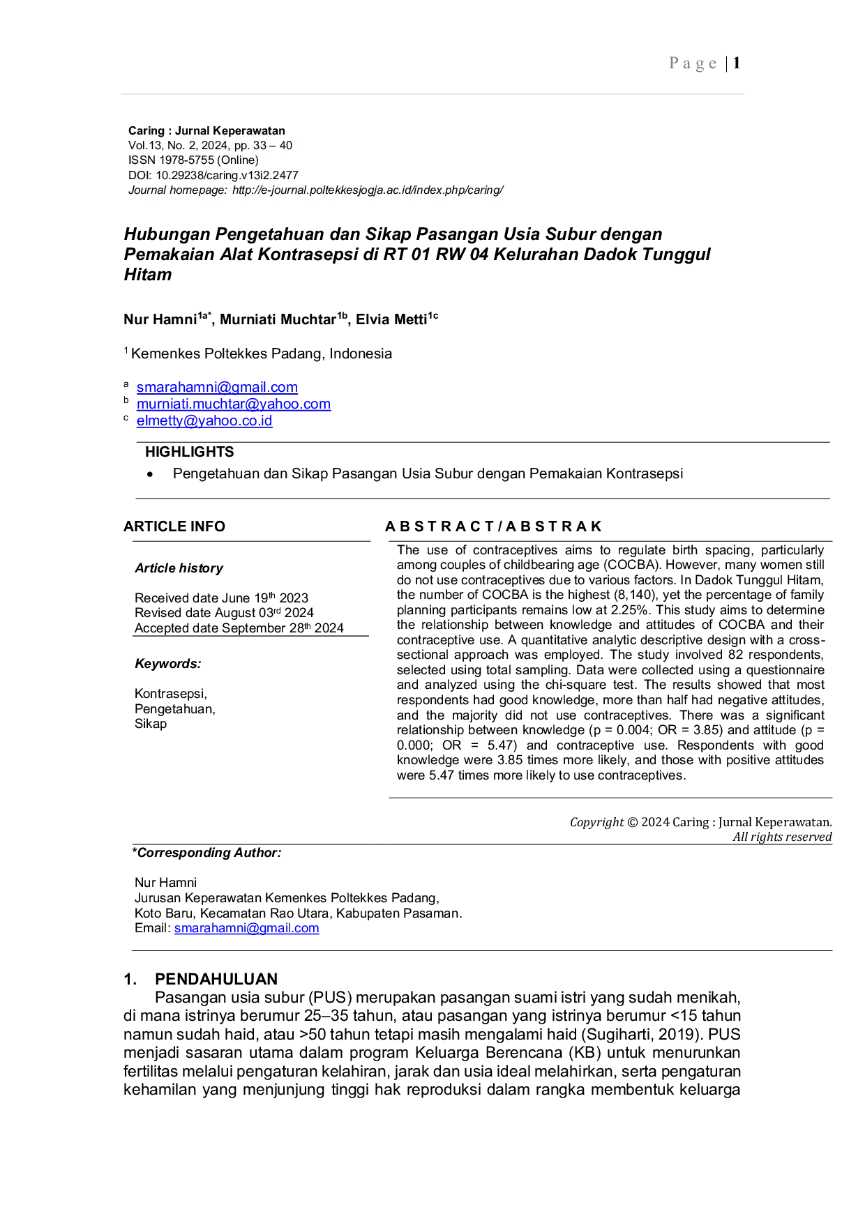 JURIS Hubungan Pengetahuan dan Sikap Pasangan Usia Subur dengan Pemakaian Alat Kontrasepsi di RT 01 RW 04 Kelurahan Dadok Tunggul Hitam