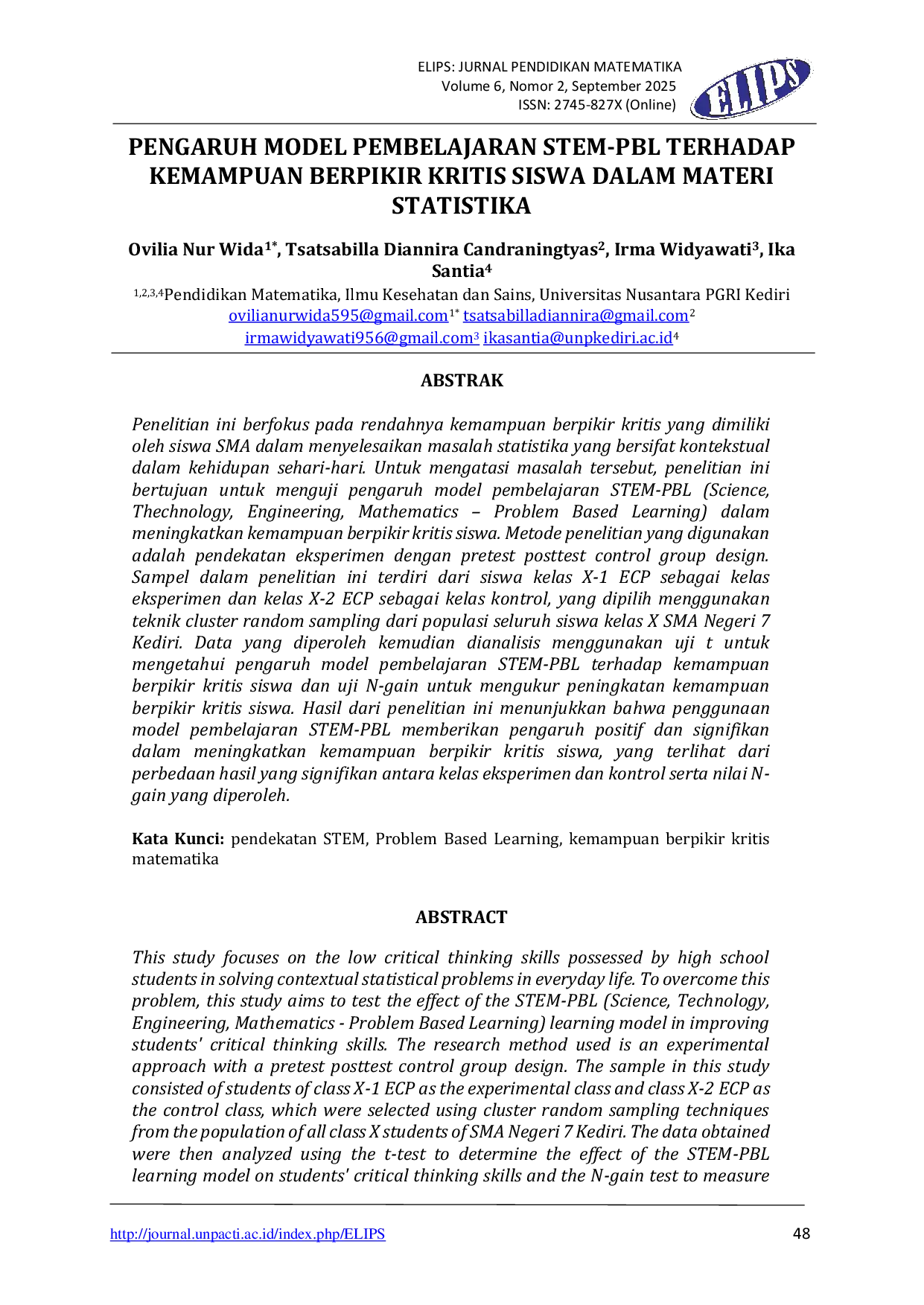 JURIS Pengaruh Model Pembelajaran Stem Pbl Terhadap Kemampuan Berpikir Kritis Siswa Dalam Materi Statistika
