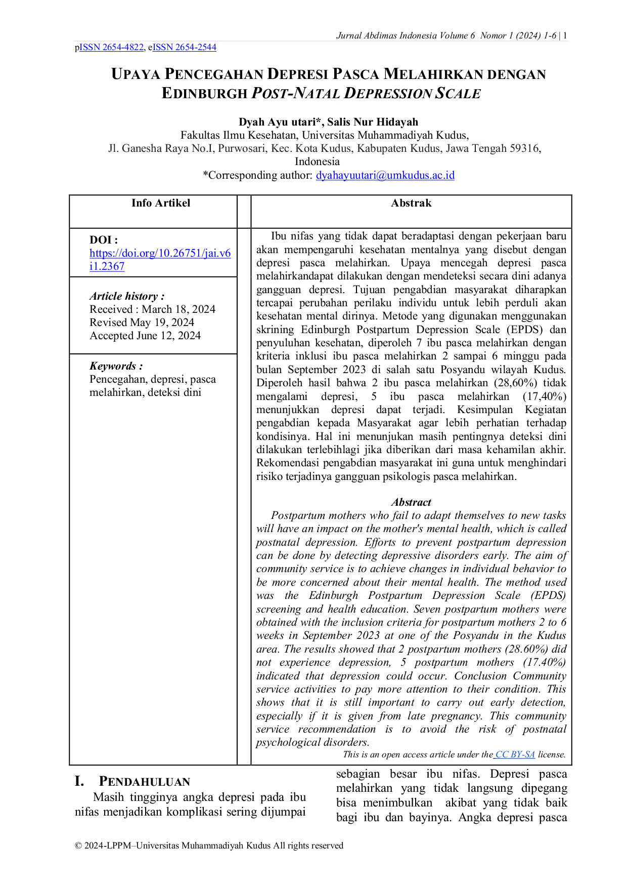 JURIS Upaya Pencegahan Depresi Pasca Melahirkan Dengan Edinburgh Post Natal Depression Scale