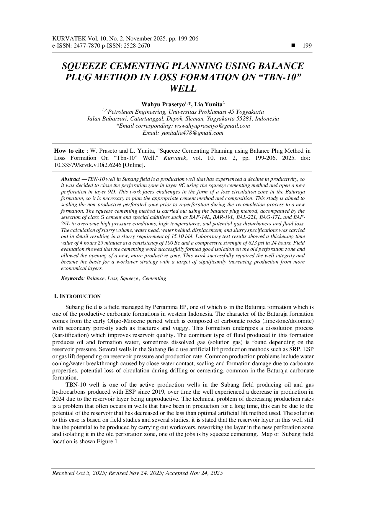 JURIS SQUEEZE CEMENTING PLANNING USING BALANCE PLUG METHOD IN LOSS FORMATION ON TBN 10 WELL