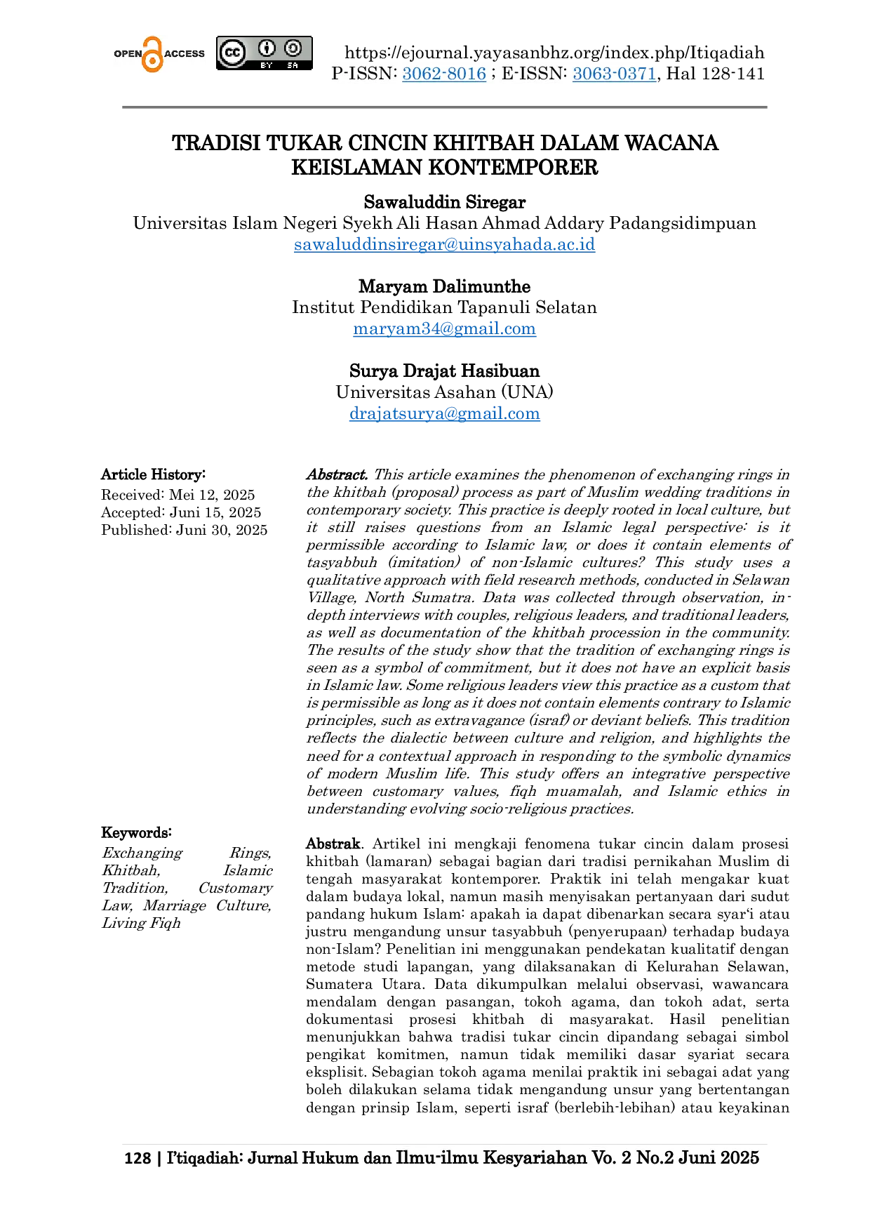 JURIS Tradisi Tukar Cincin Khitbah Dalam Wacana Keislaman Kontemporer