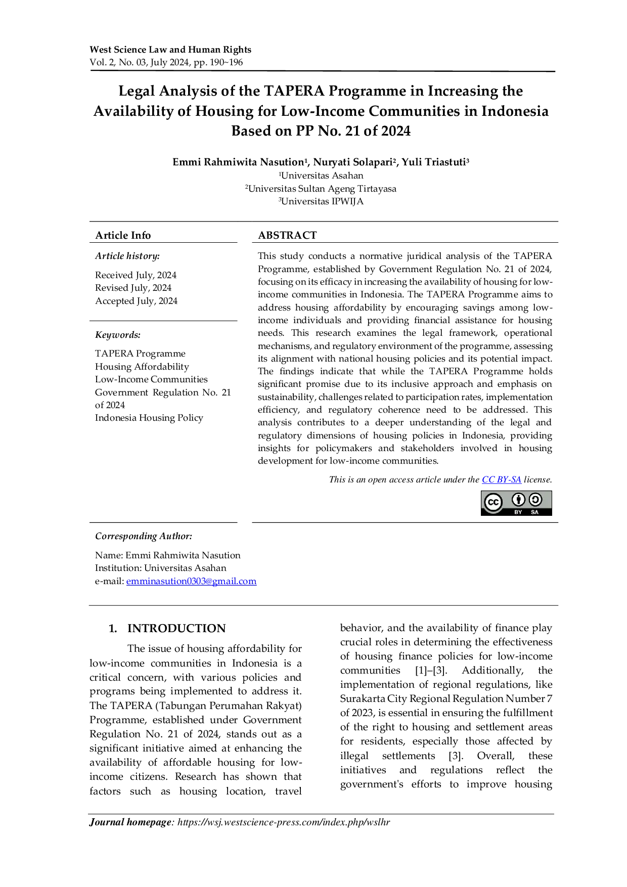 JURIS Legal Analysis of the TAPERA Programme in Increasing the Availability of Housing for Low Income Communities in Indonesia Based on PP No 21 of 2024