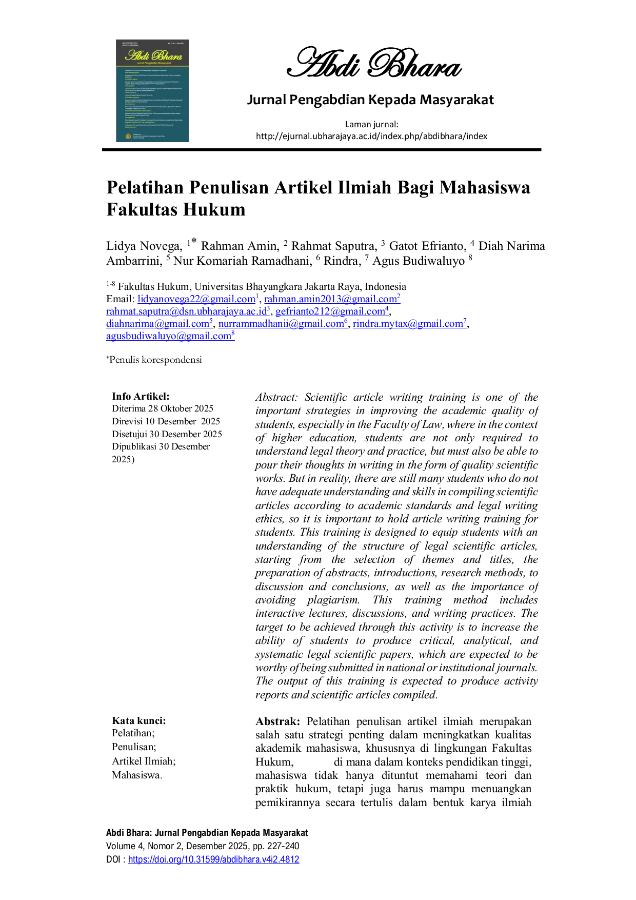 JURIS Pelatihan Penulisan Artikel Ilmiah Bagi Mahasiswa Fakultas Hukum
