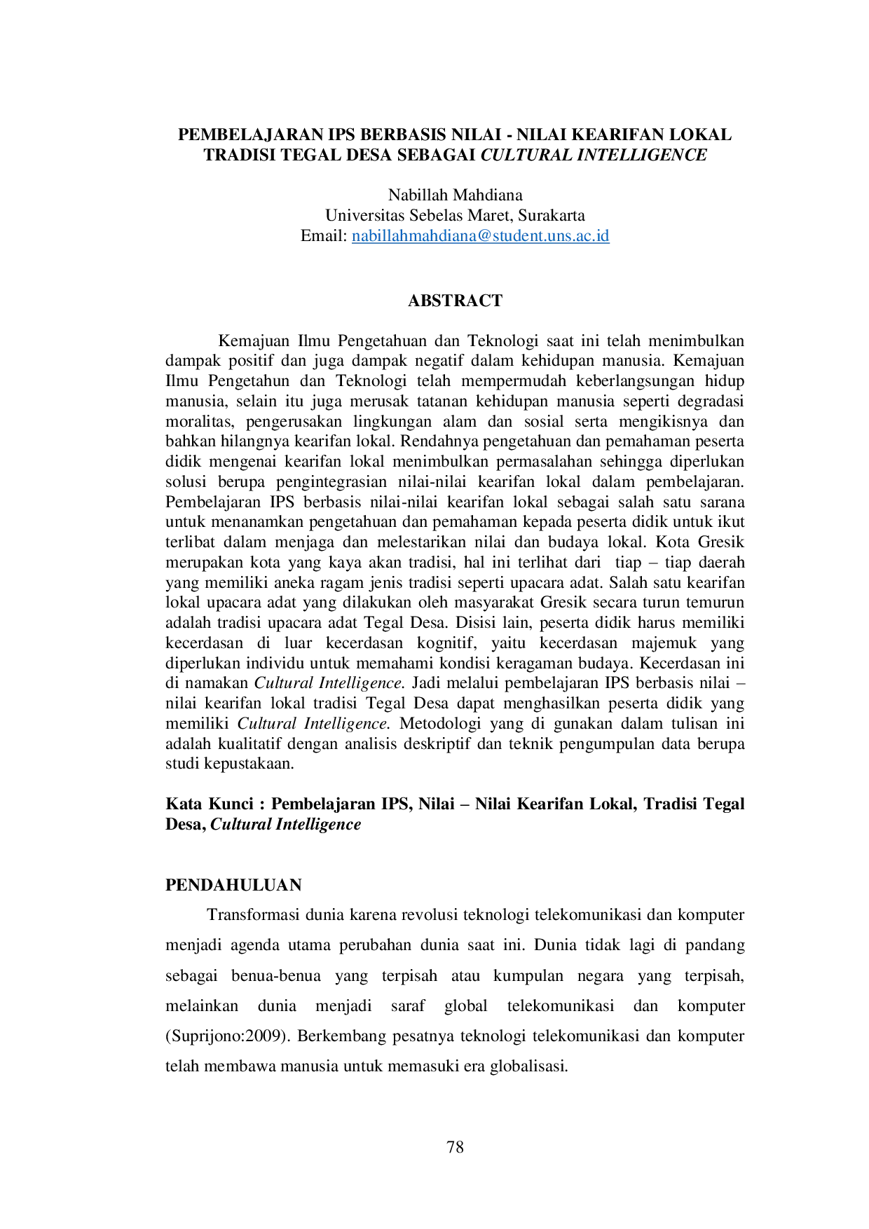 JURIS Pembelajaran IPS Berbasis Nilai Nilai Kearifan Lokal Tradisi Tegal Desa Sebagai Cultural Intelligence