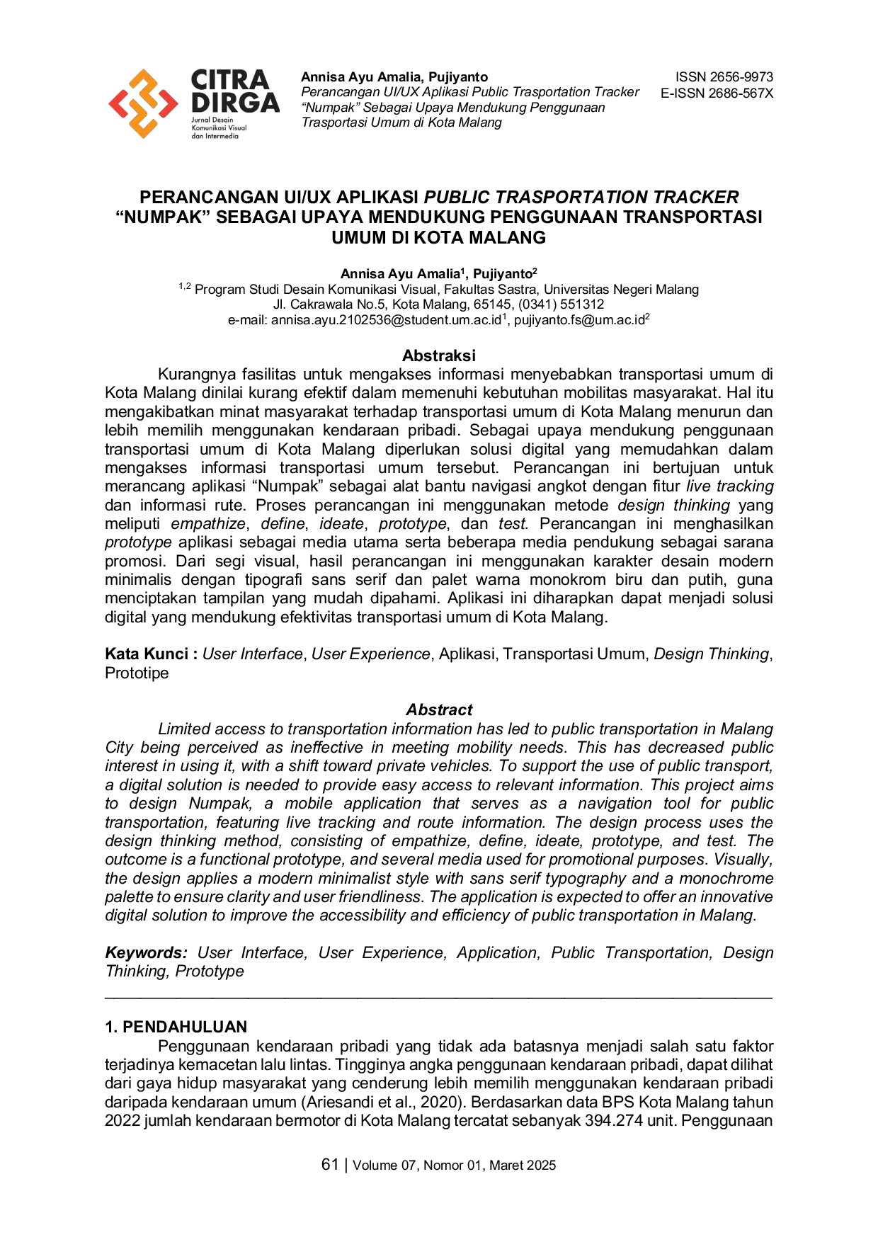 JURIS Perancangan UI UX Aplikasi Public Transportation Tracker Numpak Sebagai Upaya Mendukung Penggunaan Transportasi Umum di Kota Malang