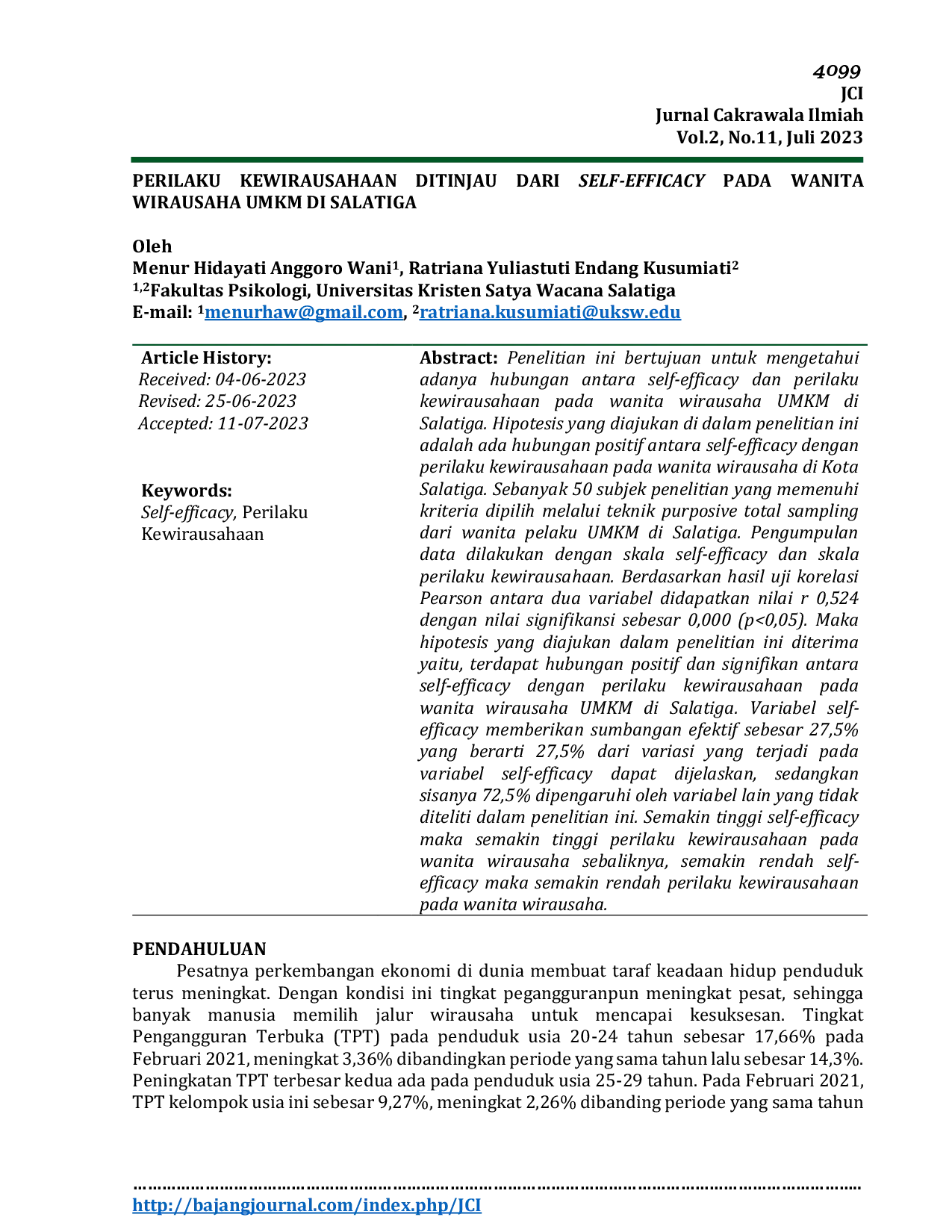 JURIS Perilaku Kewirausahaan Ditinjau Dari Self Efficacy Pada Wanita Wirausaha Umkm Di Salatiga