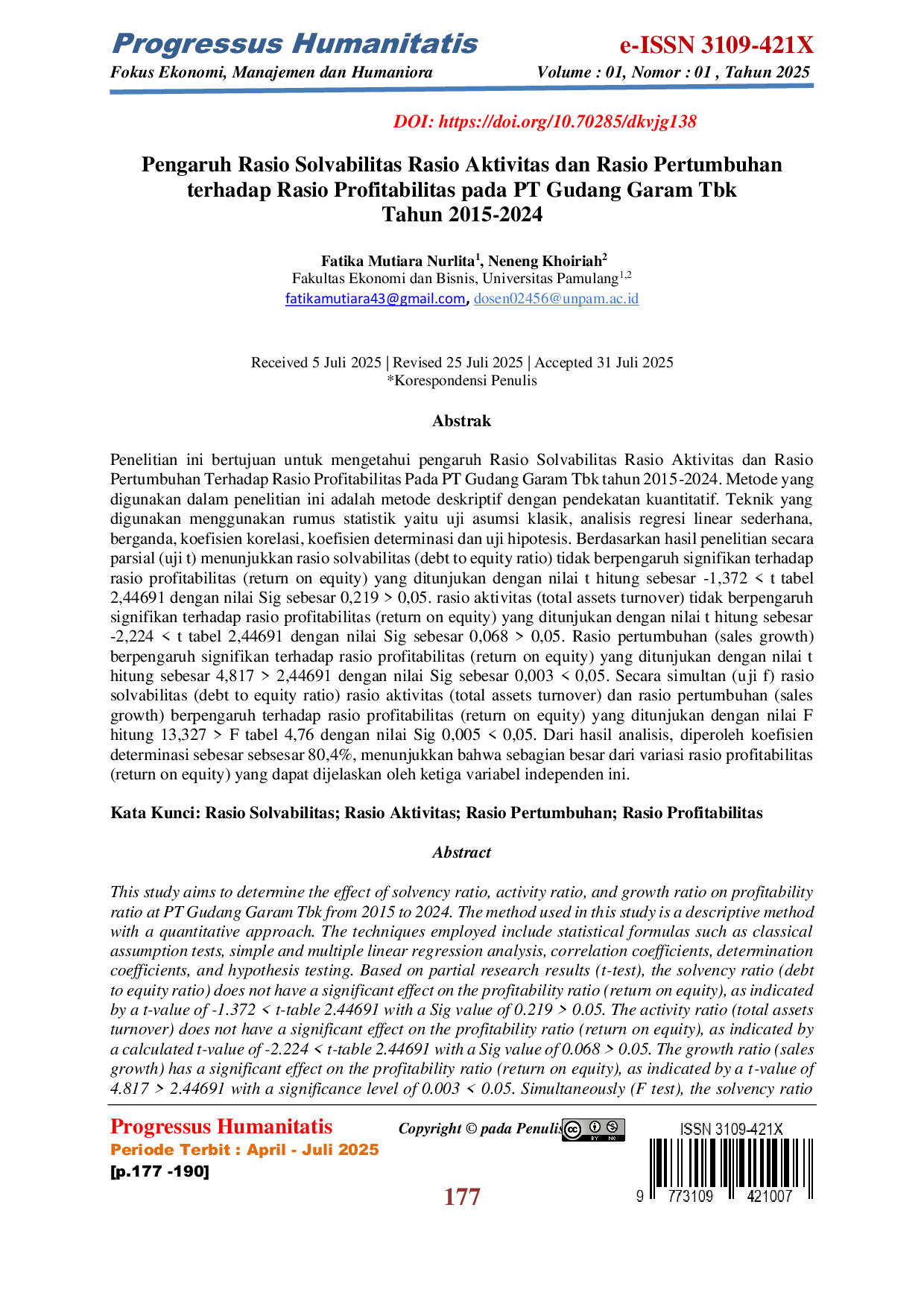 JURIS Pengaruh Rasio Solvabilitas Rasio Aktivitas dan Rasio Pertumbuhan terhadap Rasio Profitabilitas pada PT Gudang Garam Tbk Tahun 2015 2024