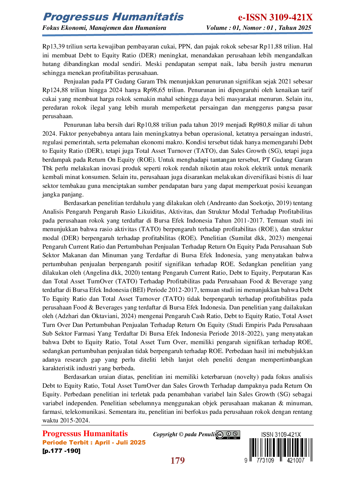 JURIS Pengaruh Rasio Solvabilitas Rasio Aktivitas dan Rasio Pertumbuhan terhadap Rasio Profitabilitas pada PT Gudang Garam Tbk Tahun 2015 2024