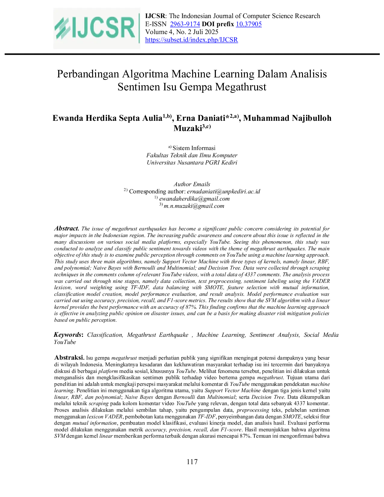 JURIS Perbandingan Algoritma Machine Learning Dalam Analisis Sentimen Isu Gempa Megathrust