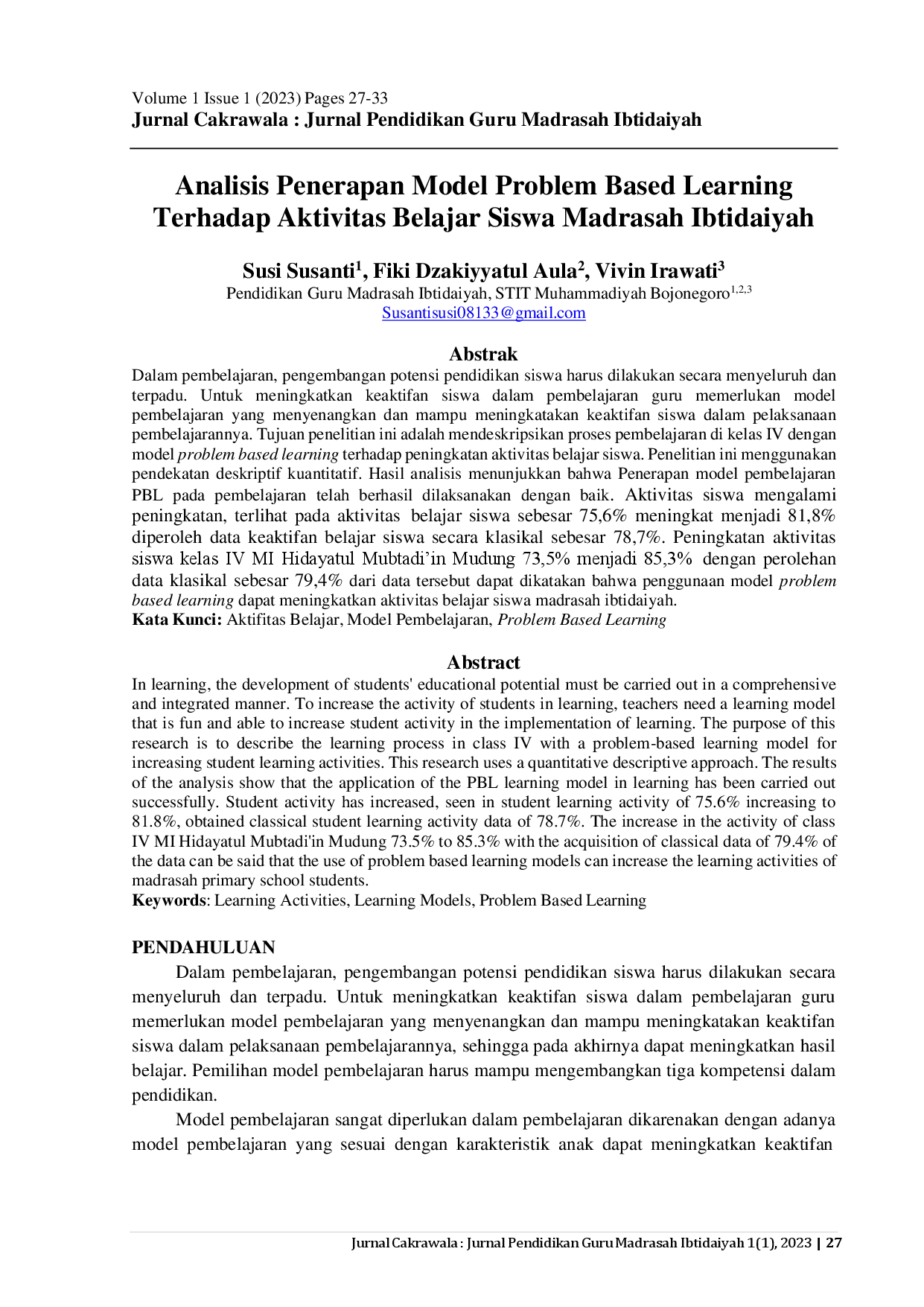 juris Analisis Penerapan Model Problem Based Learning Terhadap Aktivitas Belajar Siswa Madrasah Ibtidaiyah