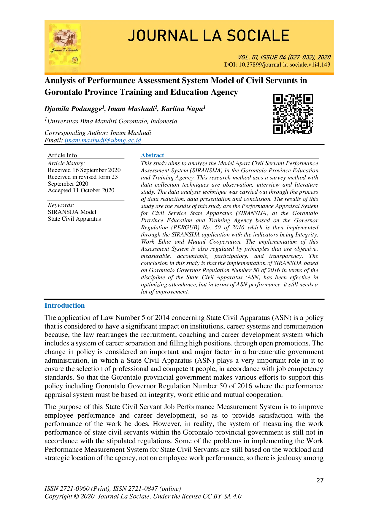 juris Analysis of Performance Assessment System Model of Civil Servants in Gorontalo Province Training and Education Agency