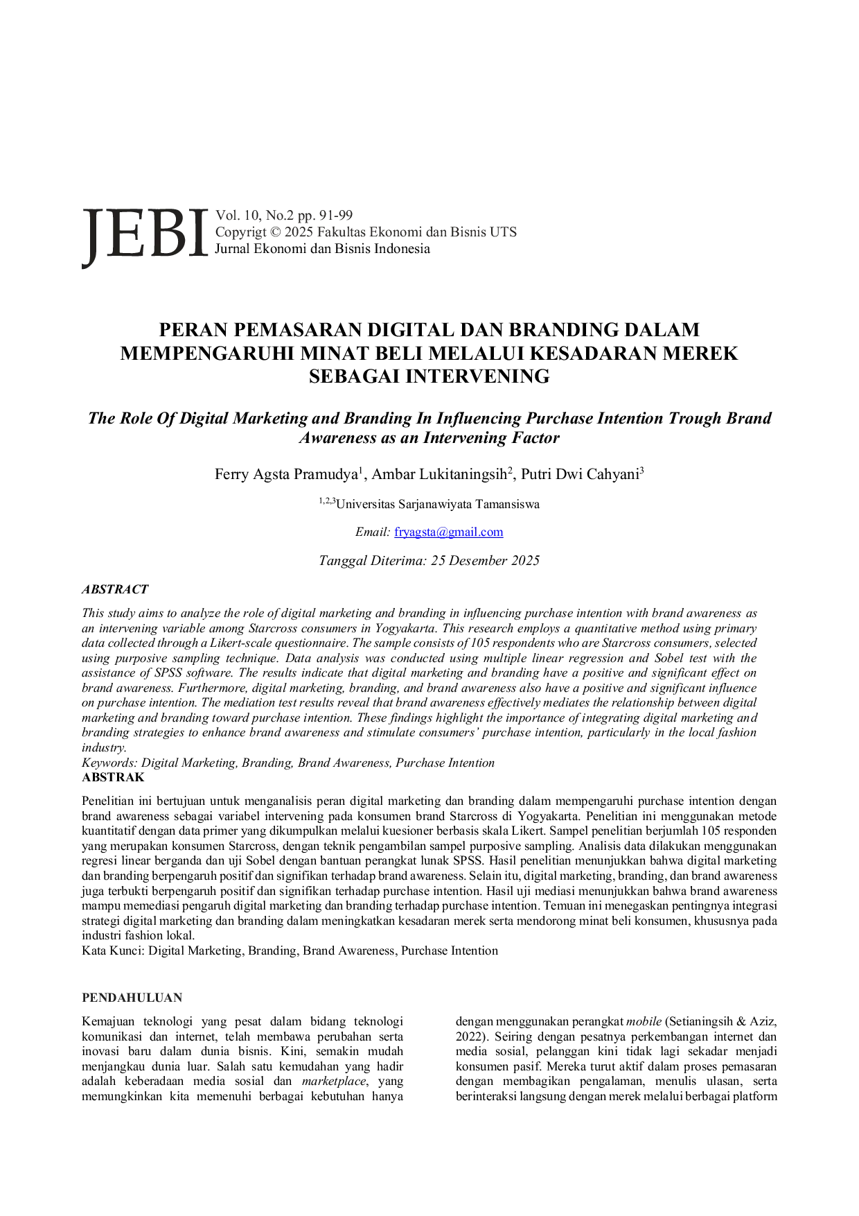 JURIS Peran Pemasaran Digital Dan Branding Dalam Mempengaruhi Minat Beli Melalui Kesadaran Merek Sebagai Intervening