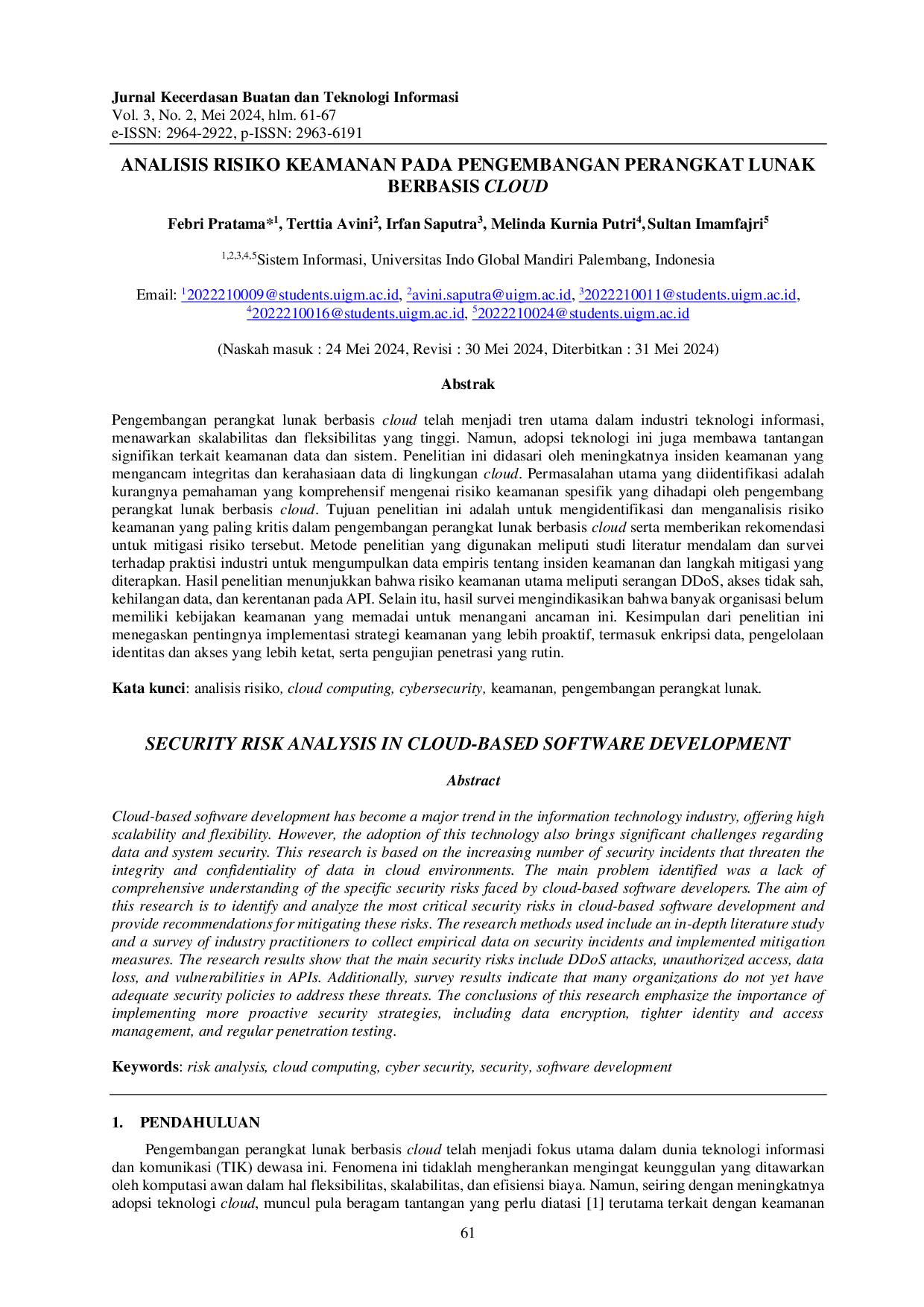 juris Analisis Risiko Keamanan pada Pengembangan Perangkat Lunak Berbasis Cloud
