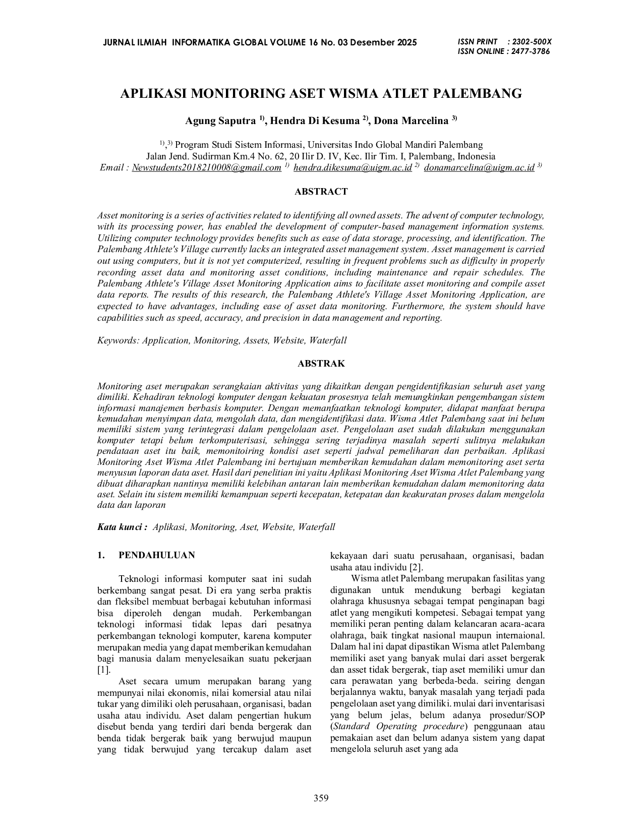 JURIS Aplikasi Monitoring Aset Wisma Atlet Palembang