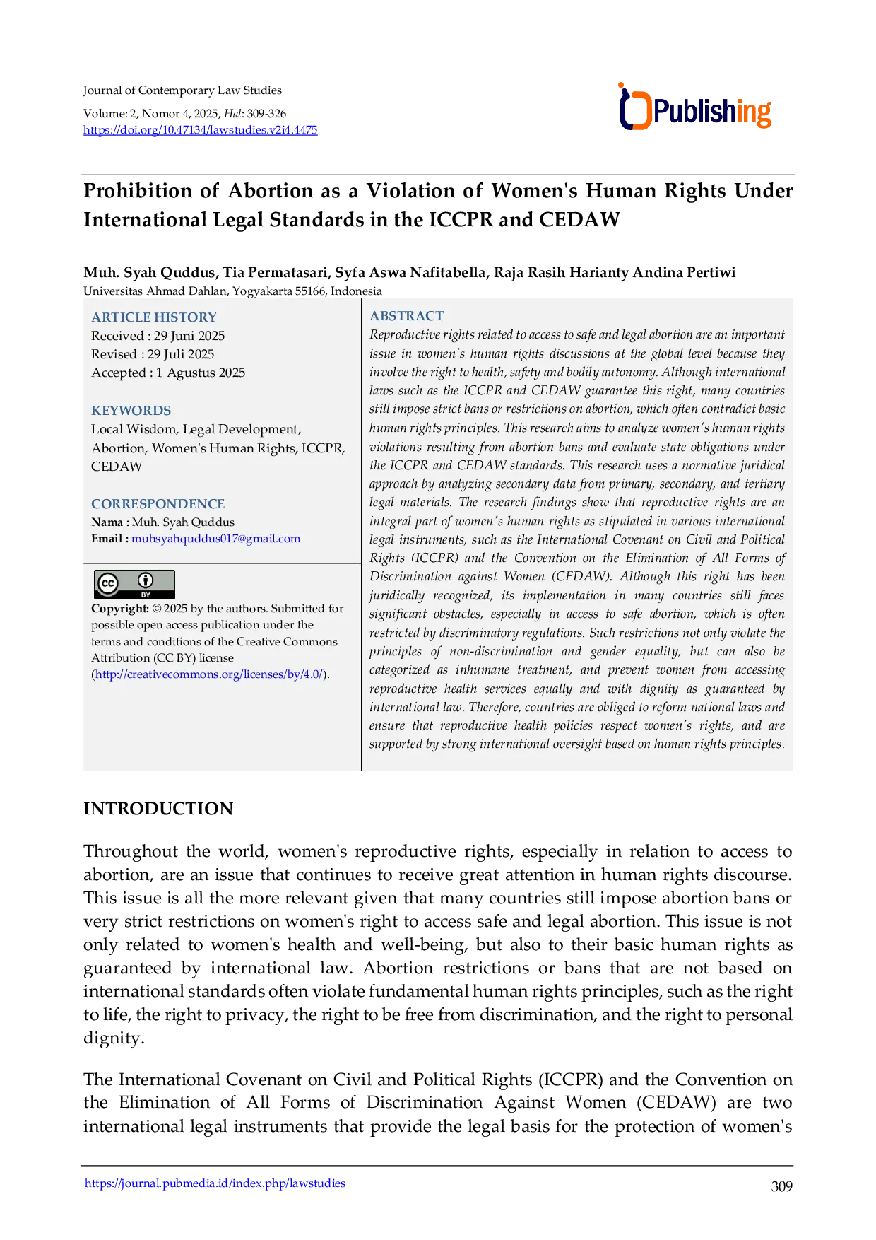 JURIS Prohibition of Abortion as a Violation of Women s Human Rights Under International Legal Standards in the ICCPR and CEDAW