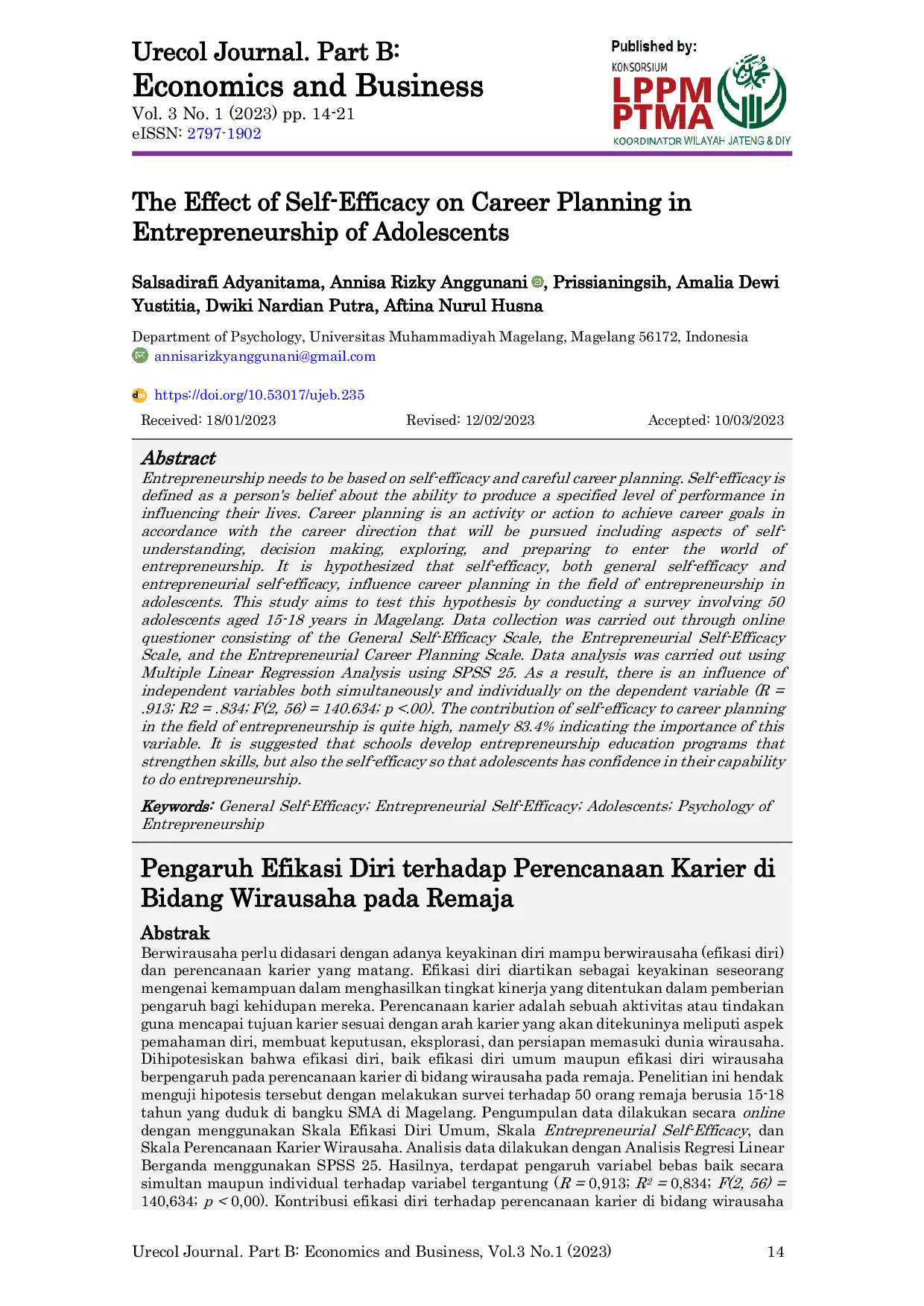 JURIS The Effect of Self Efficacy on Career Planning in Entrepreneurship of Adolescents