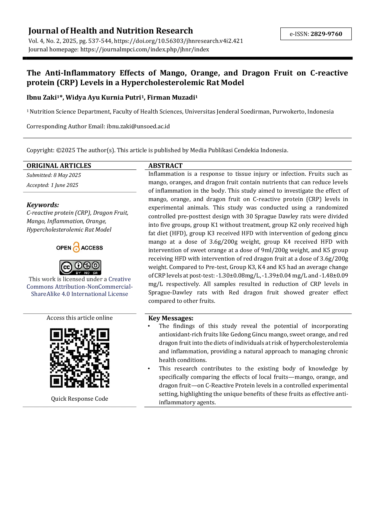 JURIS The Anti Inflammatory Effects of Mango Orange and Dragon Fruit on C reactive protein CRP Levels in a Hypercholesterolemic Rat Model