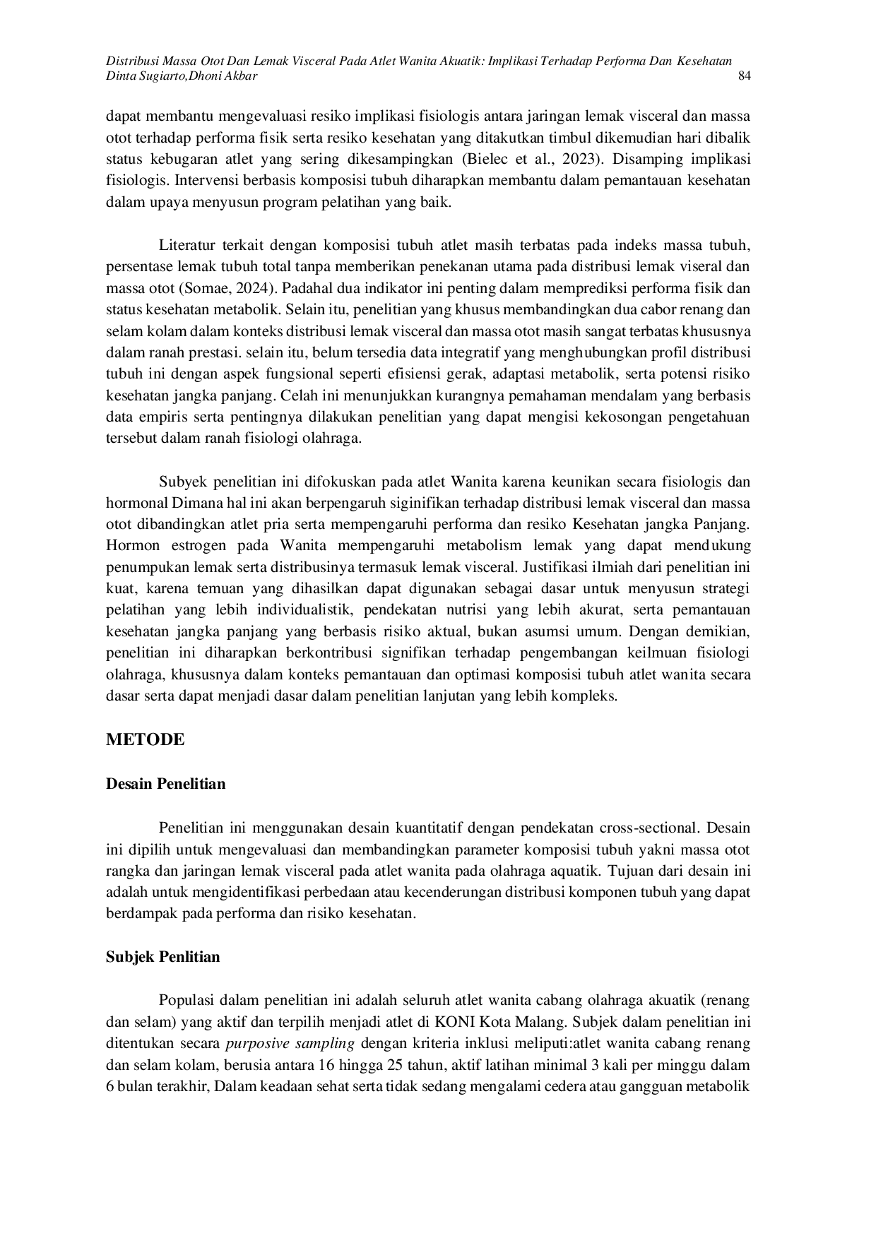 JURIS Distribusi Massa Otot Dan Lemak Visceral Pada Atlet Wanita Akuatik Implikasi Terhadap Performa Dan Kesehatan