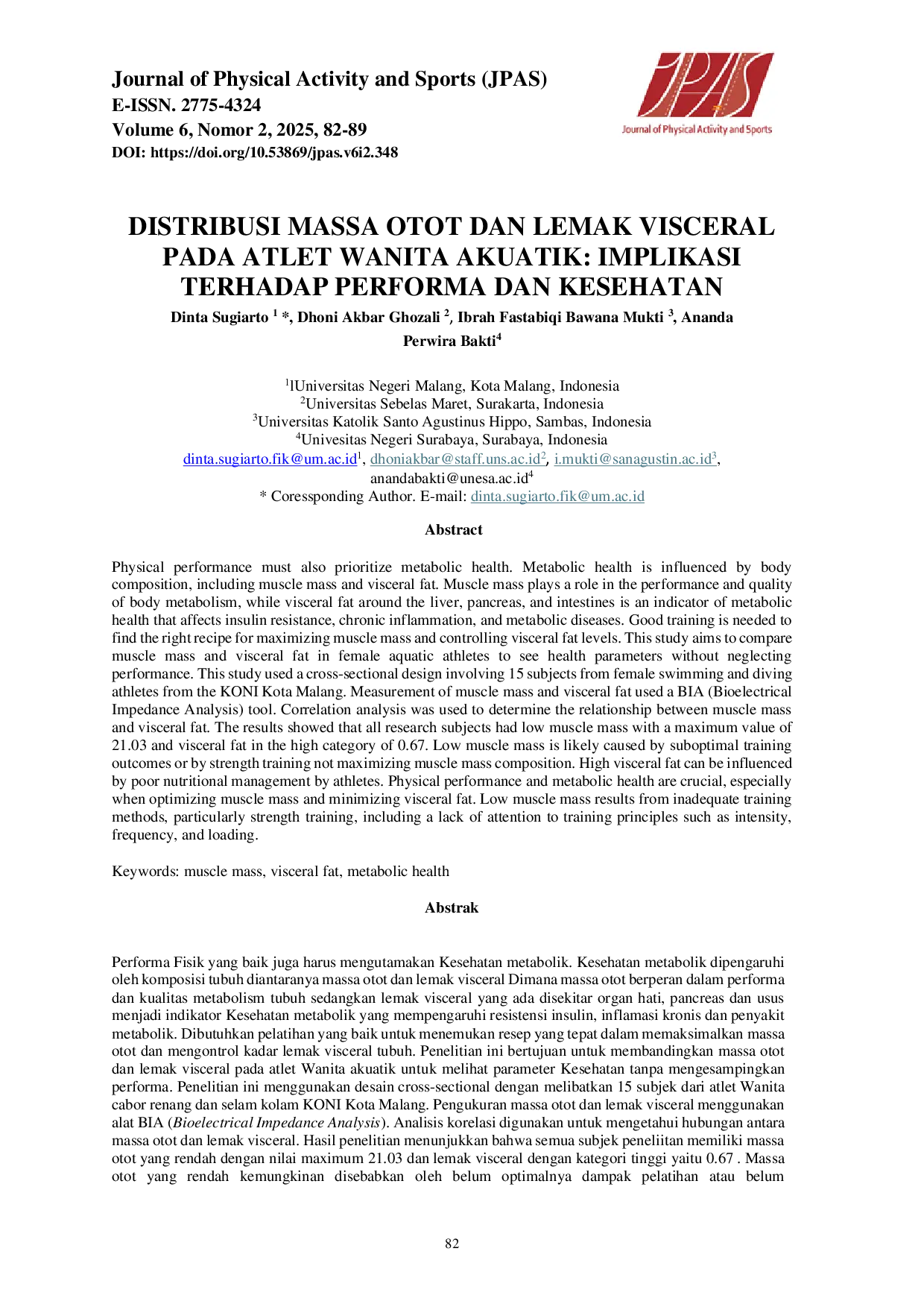 JURIS Distribusi Massa Otot Dan Lemak Visceral Pada Atlet Wanita Akuatik Implikasi Terhadap Performa Dan Kesehatan