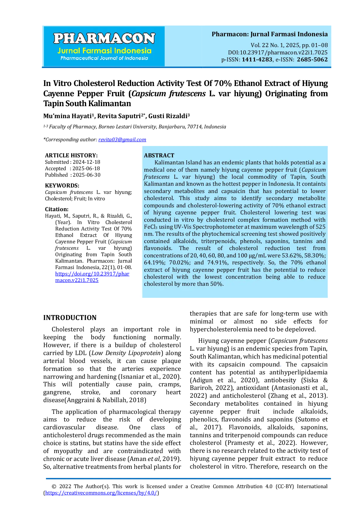 JURIS In Vitro Cholesterol Reduction Activity Test Of 70 Ethanol Extract of Hiyung Cayenne Pepper Fruit Capsicum frutescens L var hiyung Originating from Tapin South Kalimantan