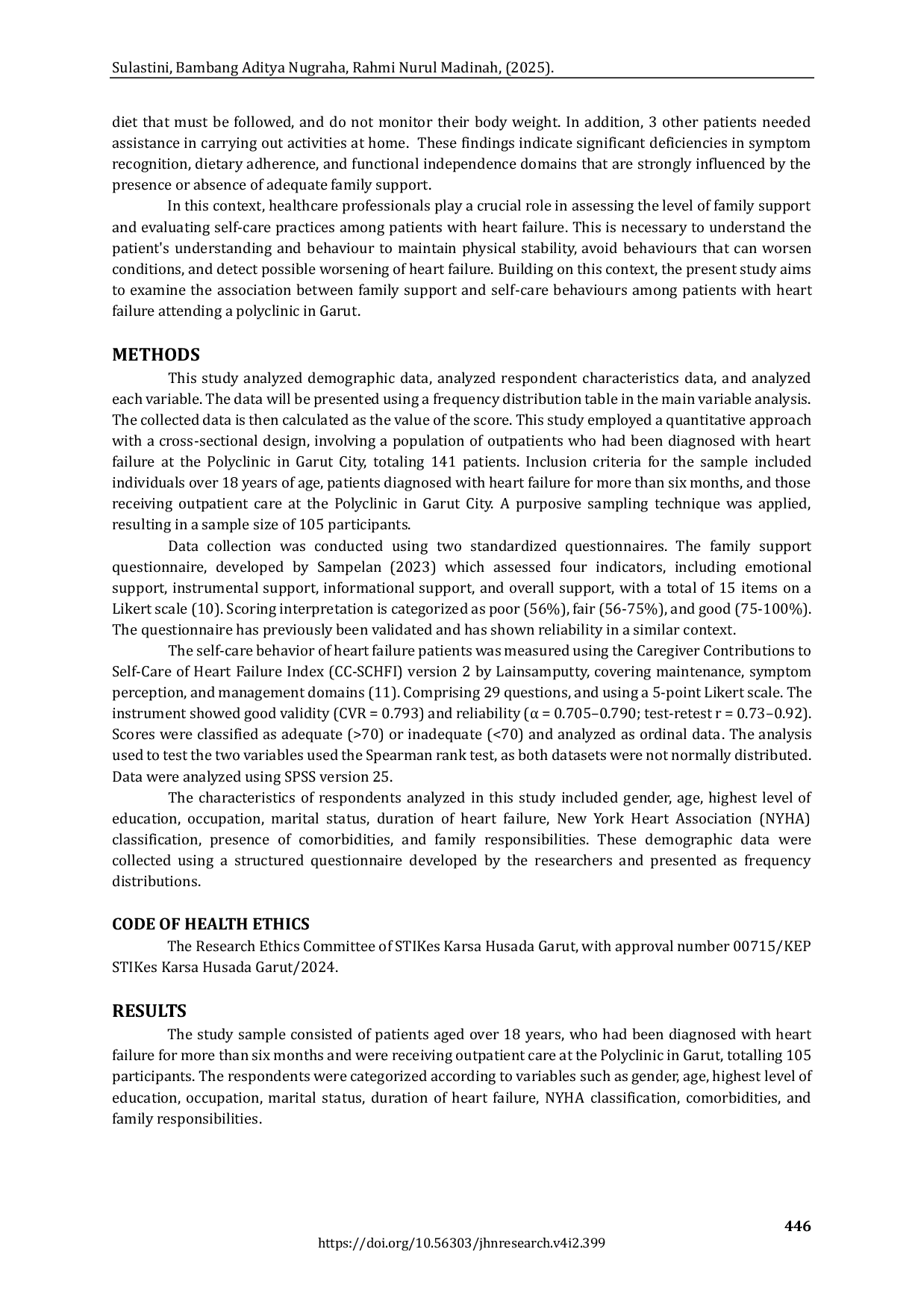 JURIS The Relationship Between Family Support and Self Care in Heart Failure Patients A Cross sectional Study in Garut City Indonesia