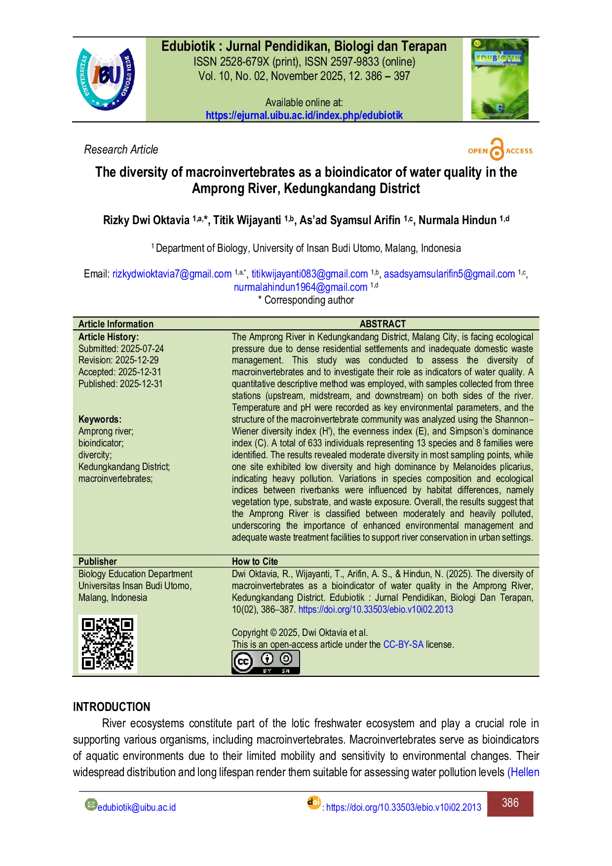 JURIS The diversity of macroinvertebrates as a bioindicator of water quality in the Amprong River Kedungkandang District