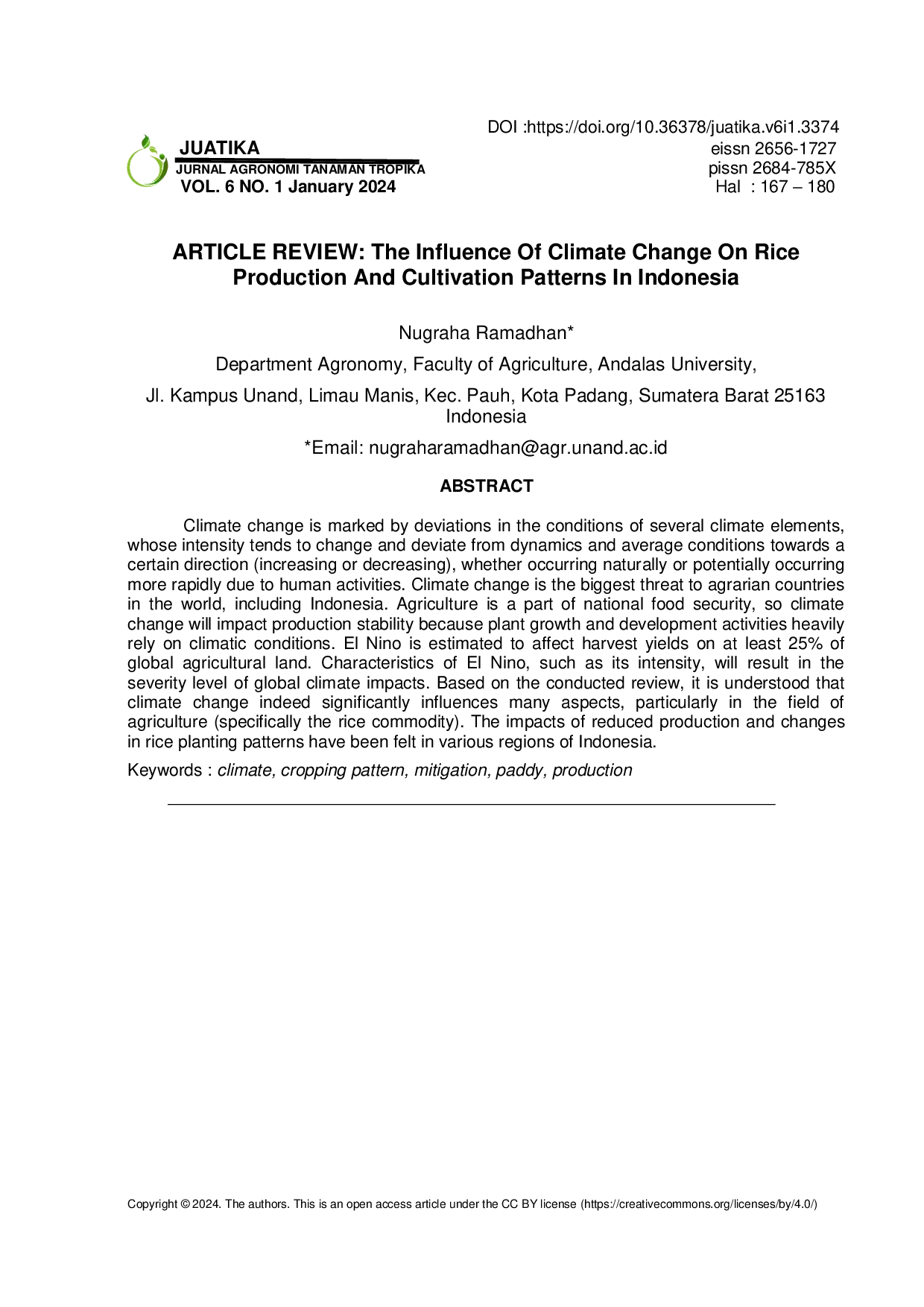 JURIS ARTICLE REVIEW The Influence Of Climate Change On Rice Production And Cultivation Patterns In Indonesia