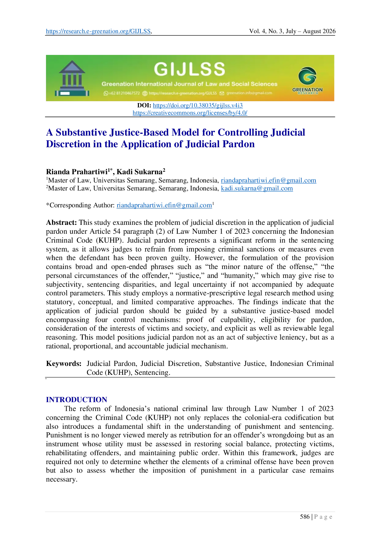 JURIS A Substantive Justice Based Model for Controlling Judicial Discretion in the Application of Judicial Pardon