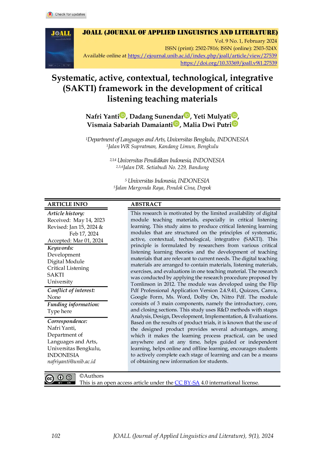 JURIS Systematic Active Contextual Technological Integrative Sakti Framework In The Development Of Critical Listening Teaching Materials