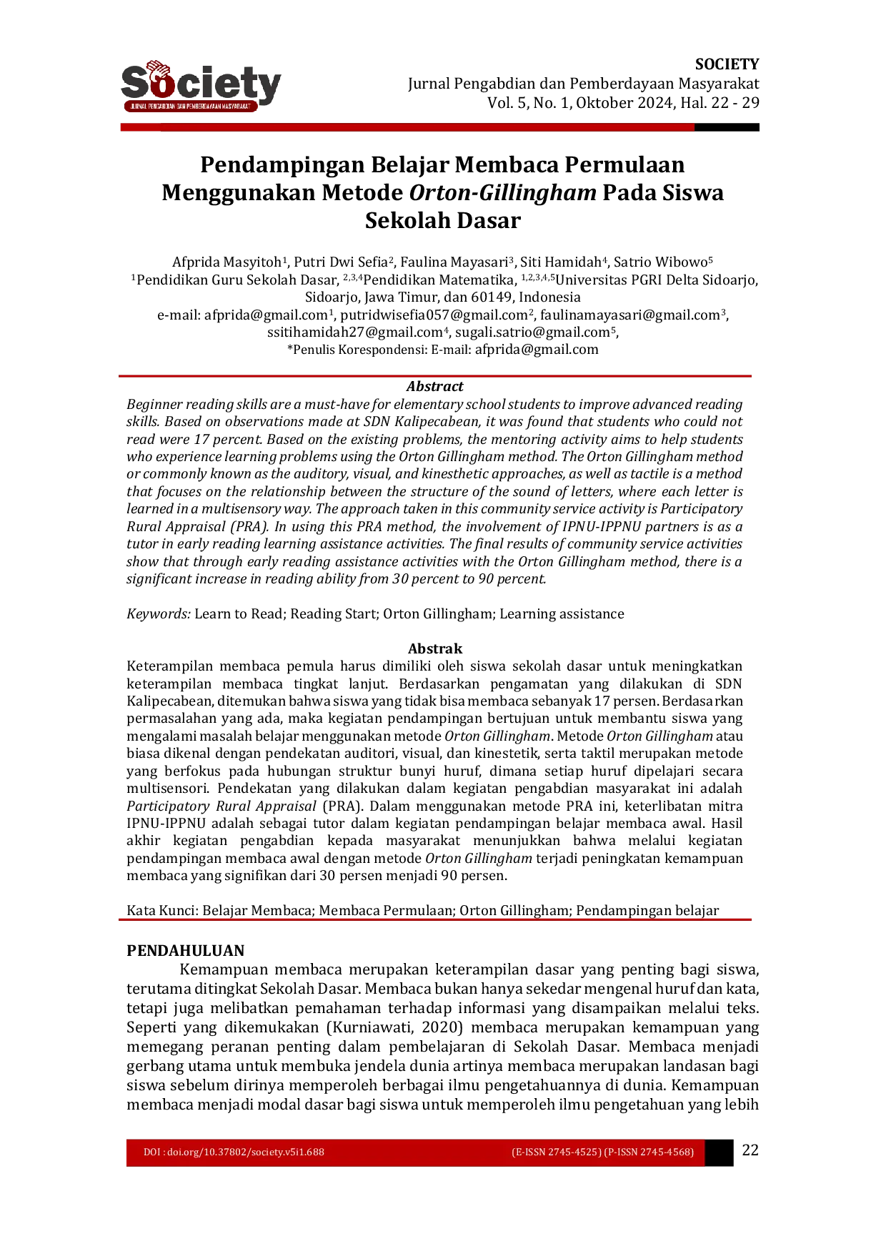 JURIS Pendampingan Belajar Membaca Permulaan Menggunakan Metode Orton Gillingham Pada Siswa Sekolah Dasar