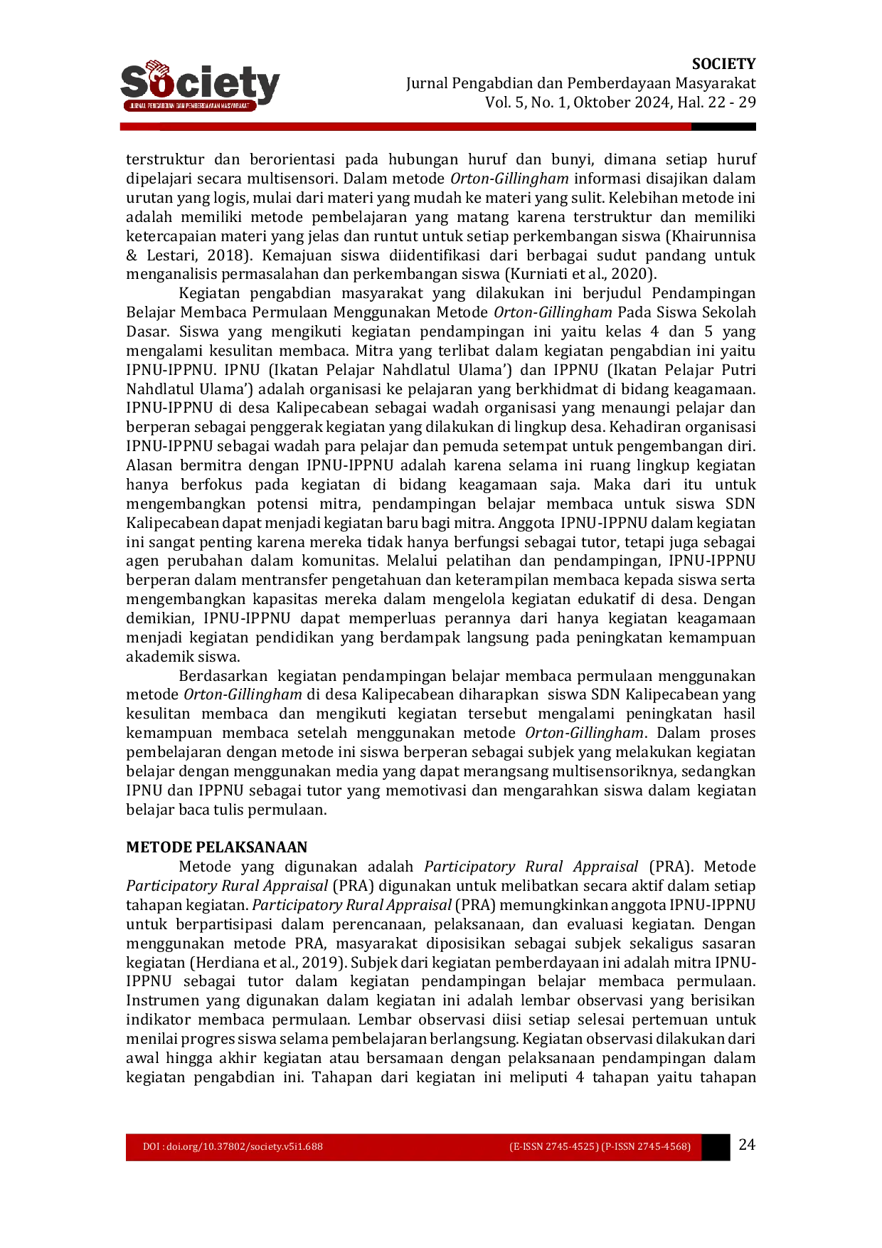 JURIS Pendampingan Belajar Membaca Permulaan Menggunakan Metode Orton Gillingham Pada Siswa Sekolah Dasar