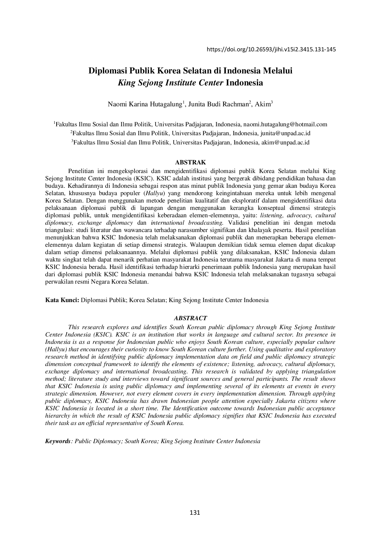 juris Diplomasi Publik Korea Selatan di Indonesia Melalui King Sejong Institute Center Indonesia