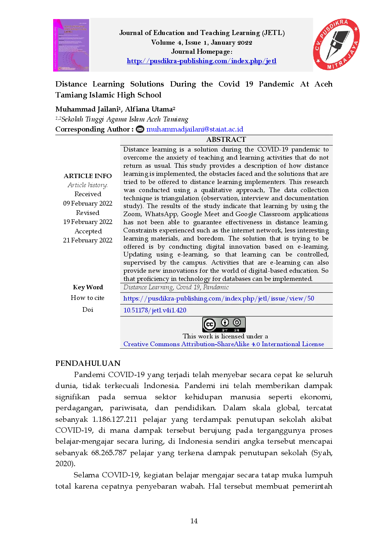 juris Distance Learning Solutions During the Covid 19 Pandemic At Aceh Tamiang Islamic High School