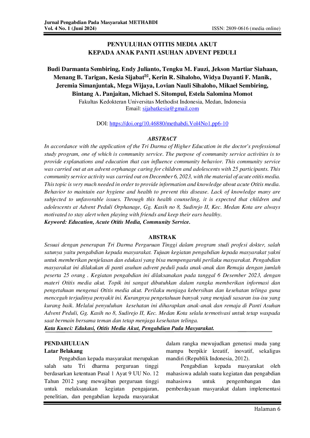 JURIS Penyuluhan Otitis Media Akut kepada Anak Panti Asuhan Advent Peduli