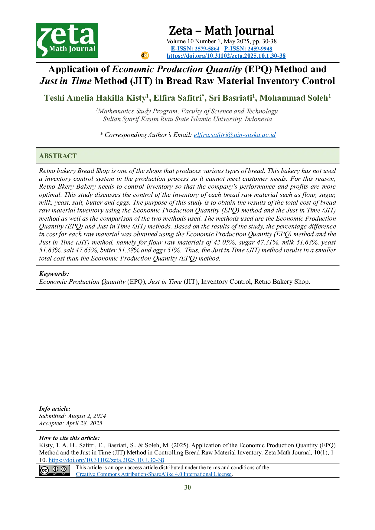 JURIS Application Of Economic Production Quantity Epq Method And Just In Time Method Jit In Bread Raw Material Inventory Control