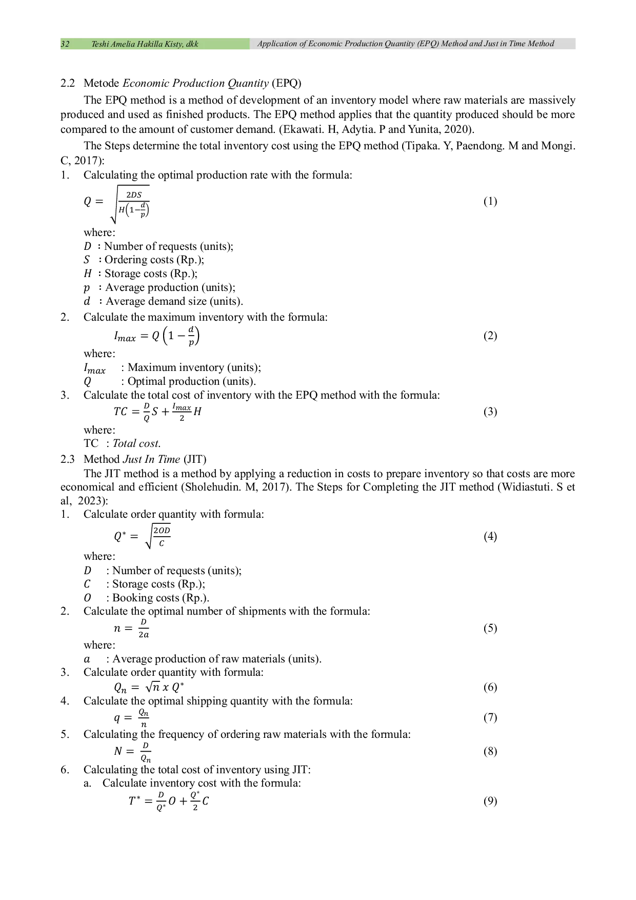 JURIS Application Of Economic Production Quantity Epq Method And Just In Time Method Jit In Bread Raw Material Inventory Control