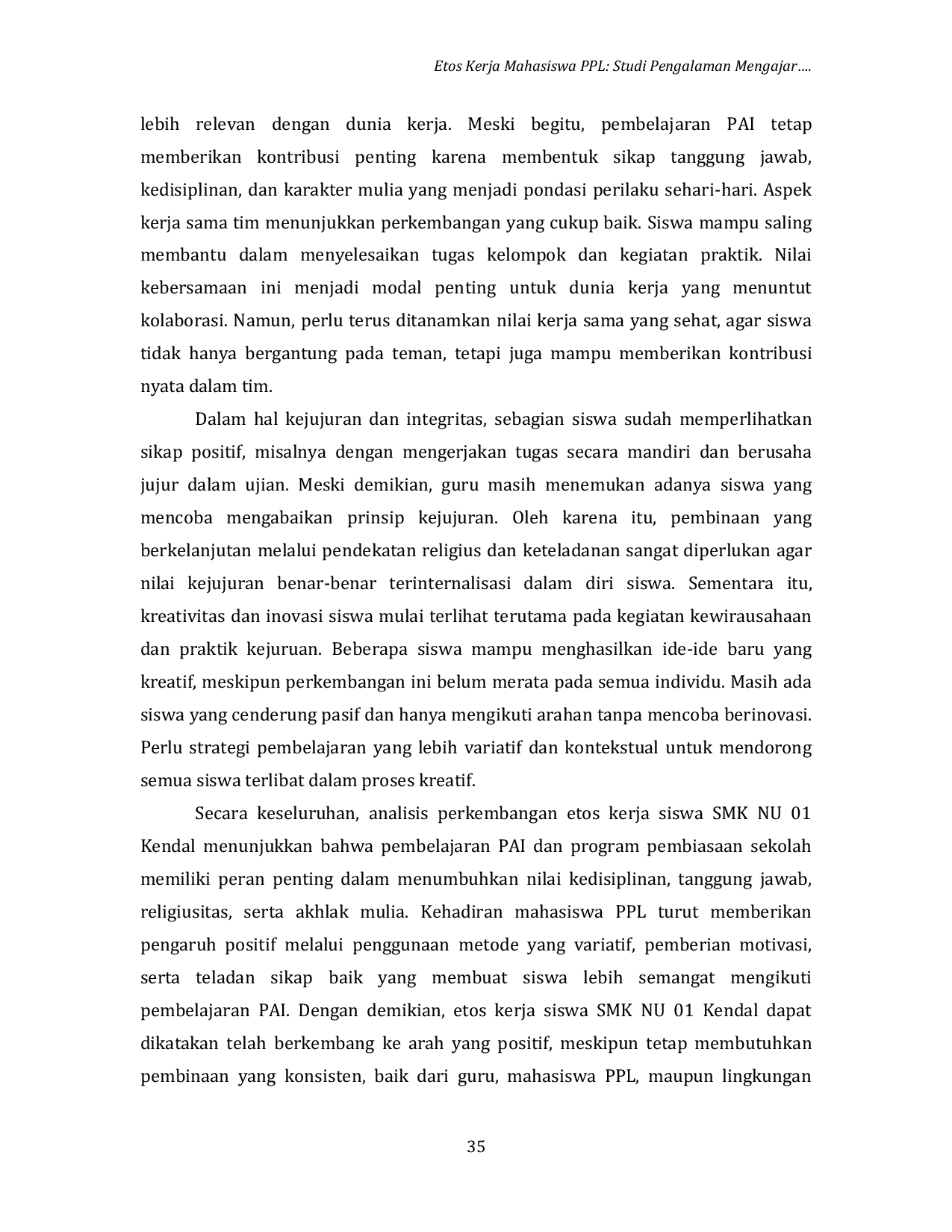 JURIS Etos Kerja Mahasiswa PPL Studi Pengalaman Mengajar PAI di SMK NU 01 Kendal