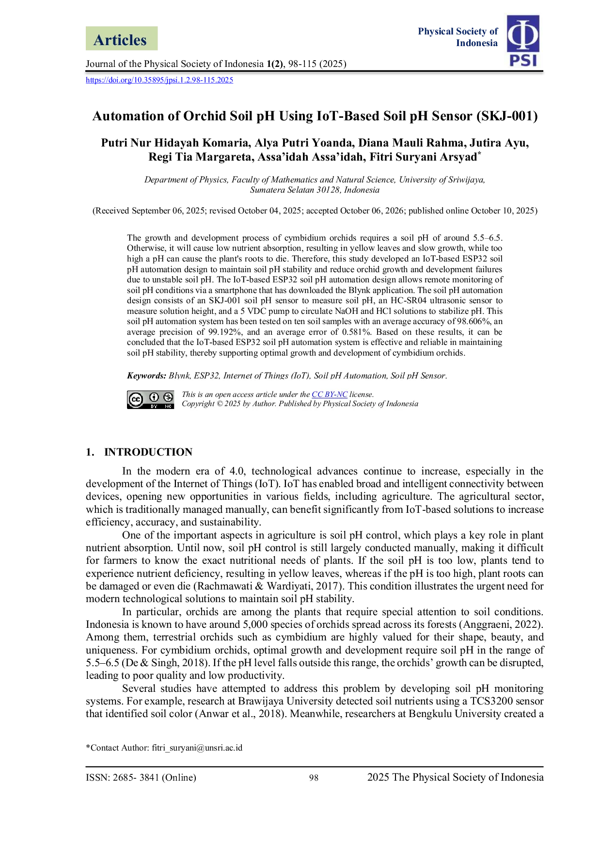 JURIS Automation of Orchid Soil pH Using IoT Based Soil pH Sensor SKJ 001