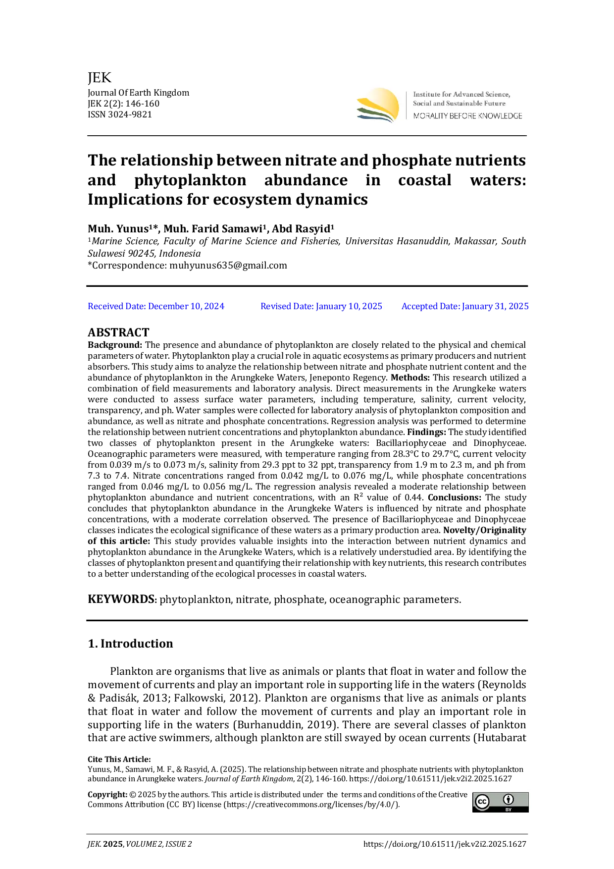 JURIS The relationship between nitrate and phosphate nutrients and phytoplankton abundance in coastal waters Implications for ecosystem dynamics