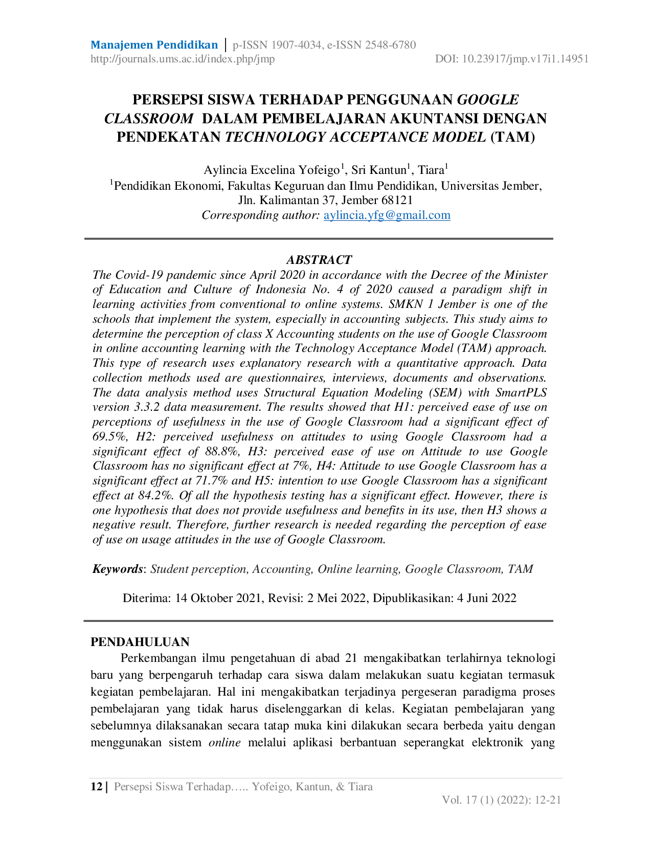 JURIS Persepsi Siswa Terhadap Penggunaan Google Classroom Dalam Pembelajaran Akuntansi Dengan Pendekatan Technology Acceptance Model TAM